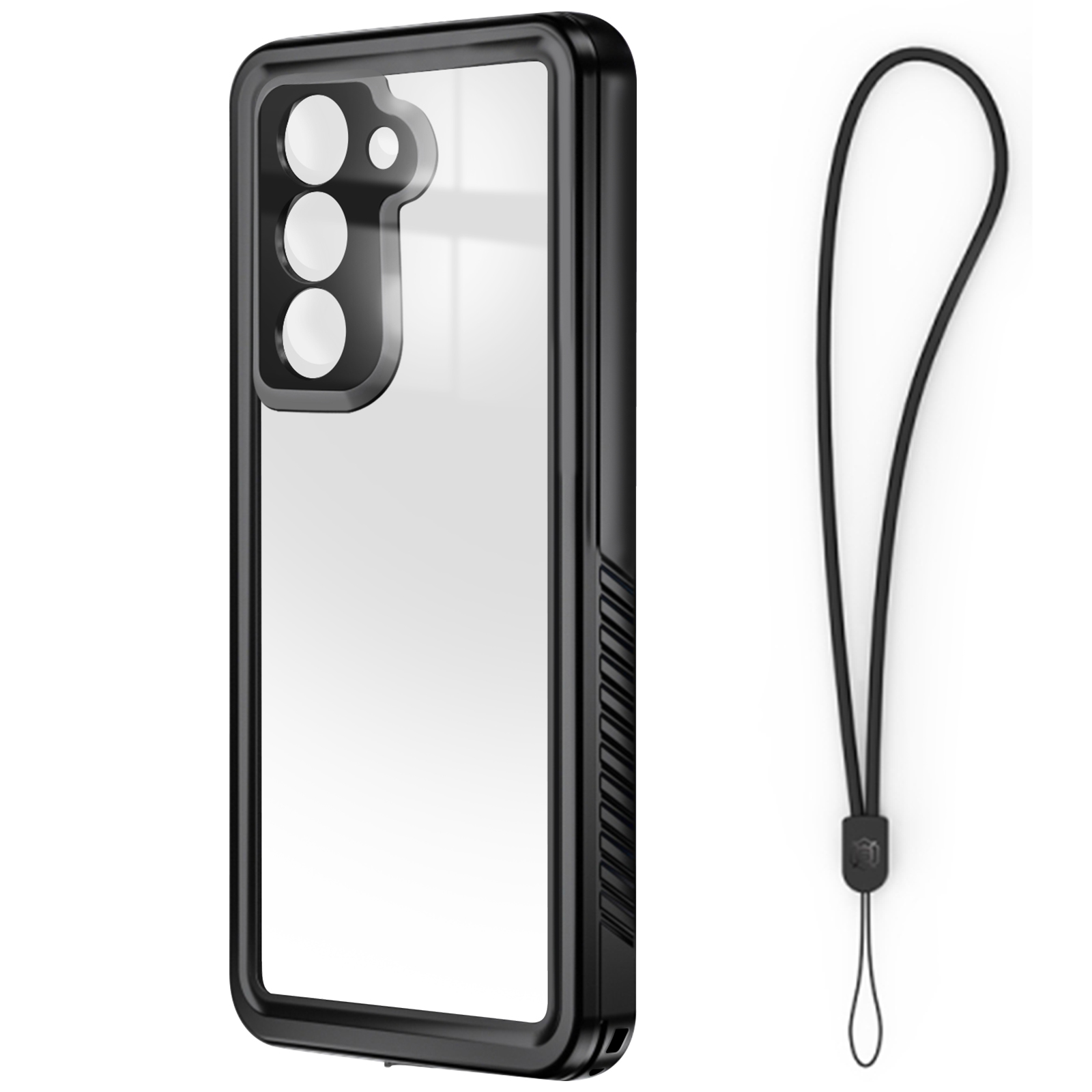 Una custodia trasparente per telefono con cornice nera e cinturino nero. La custodia è attaccata a un telefono.