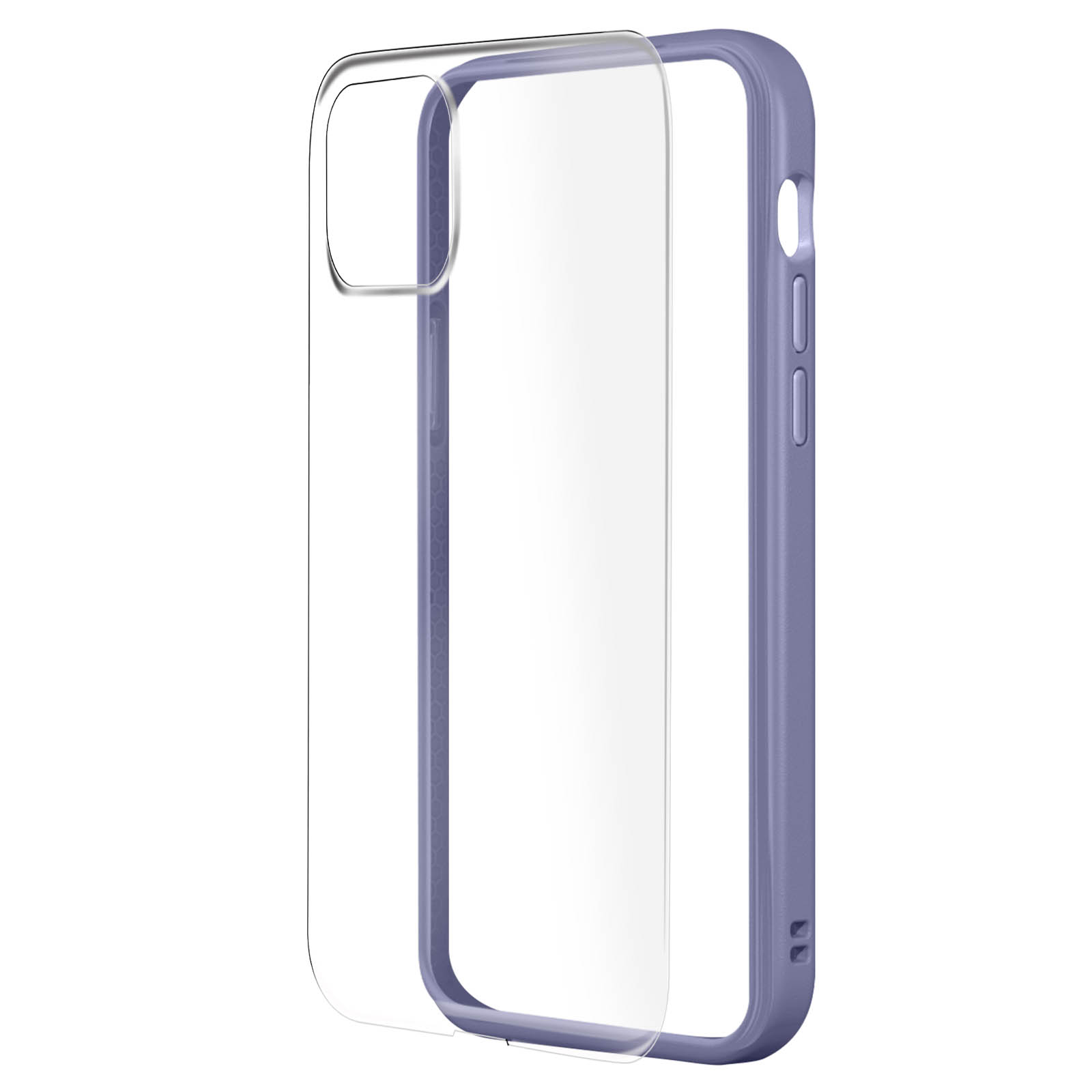 Custodia per telefono viola con retro trasparente. La custodia è viola con copertura in plastica trasparente, mostrando il telefono.