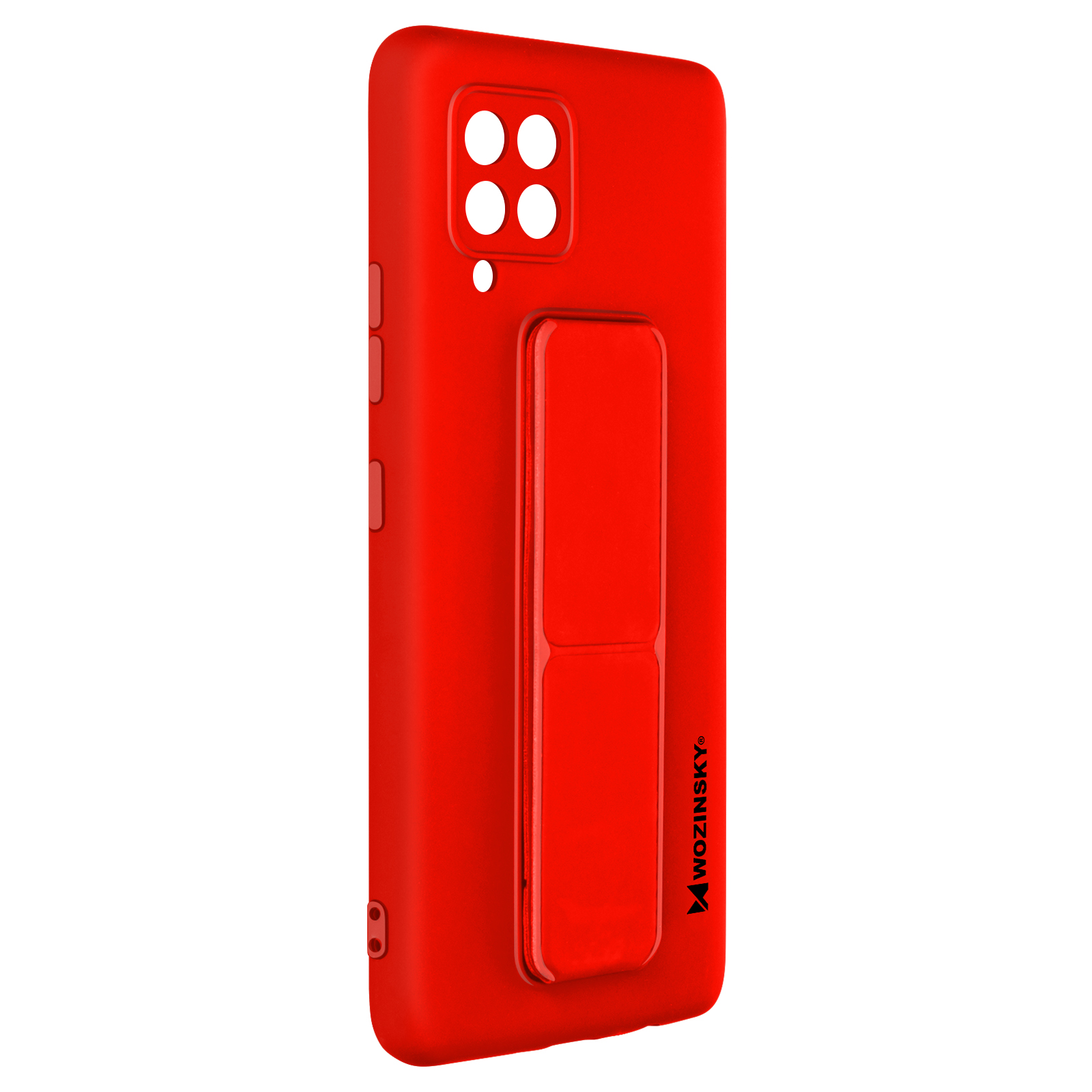Czerwone etui na telefon z podpórką, pokazujące tył telefonu.