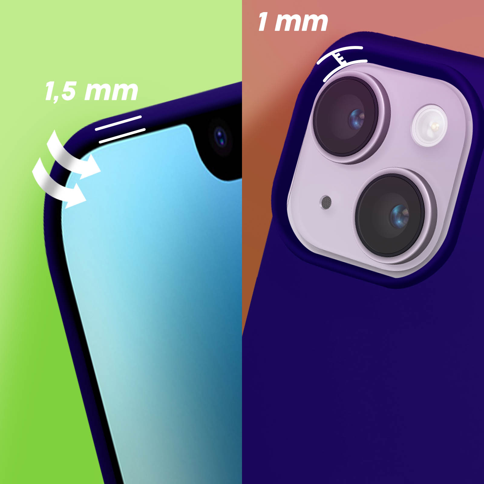 Due immagini che mostrano l'angolo di una custodia del telefono. Una è spessa 1,5 mm, l'altra 1 mm.
