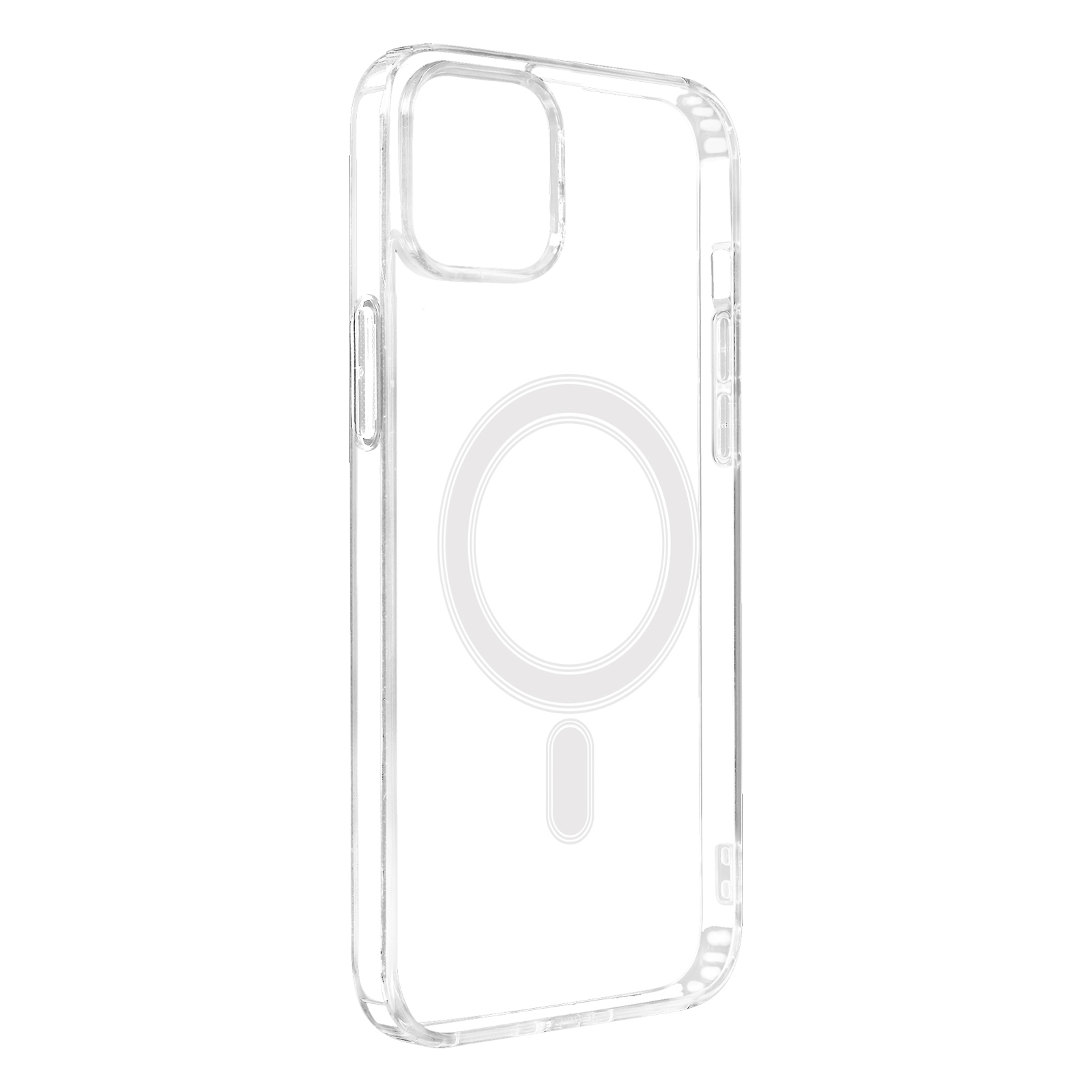 Transparante telefoonhoes met een magnetisch cirkelontwerp en een kleine uitsparing. Witte achtergrond.