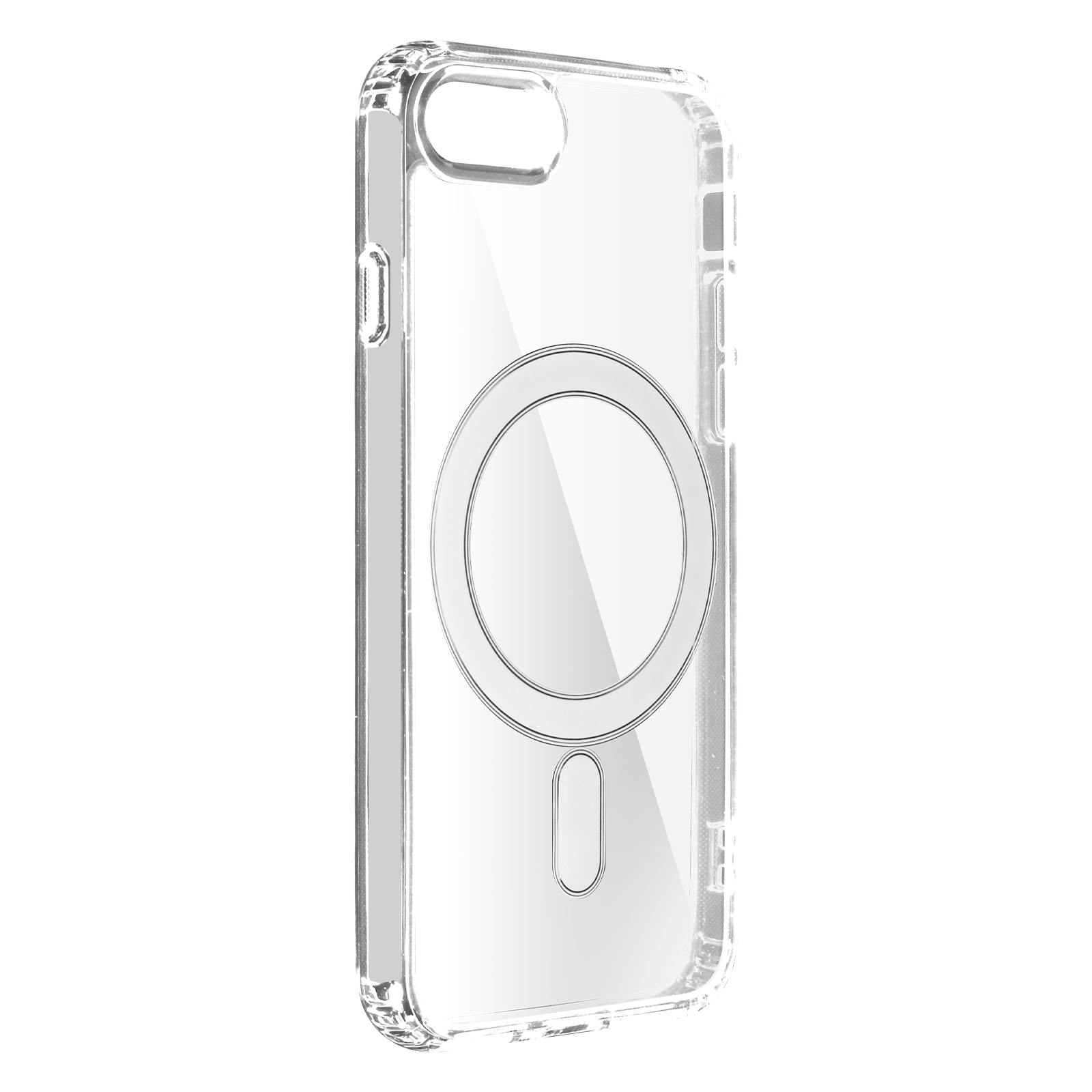 Custodia trasparente per iPhone con cerchio magnetico. La custodia è trasparente e mostra il telefono.
