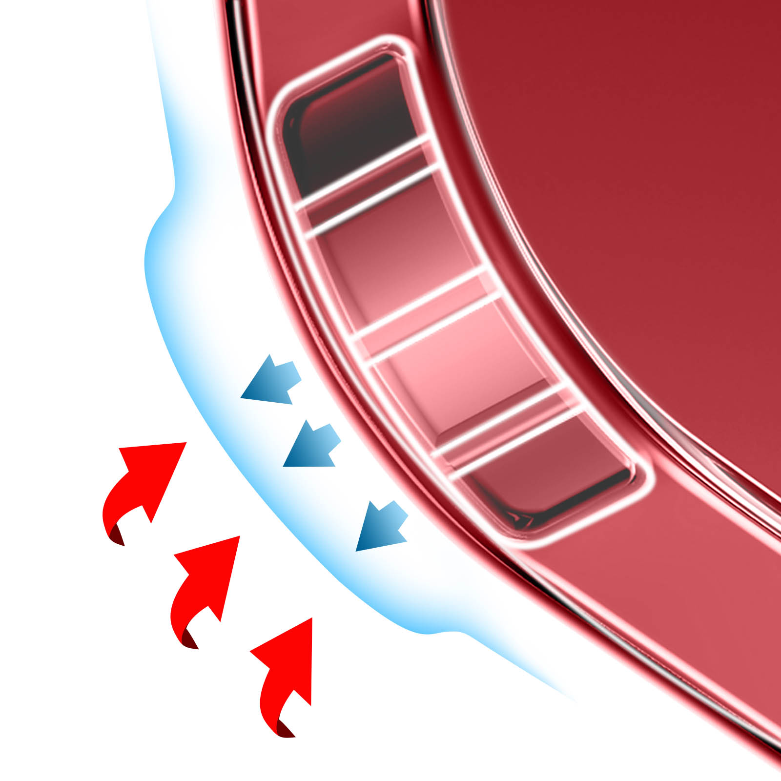 Primo piano di una superficie rossa di un'auto con frecce che mostrano il flusso d'aria dalla superficie.
