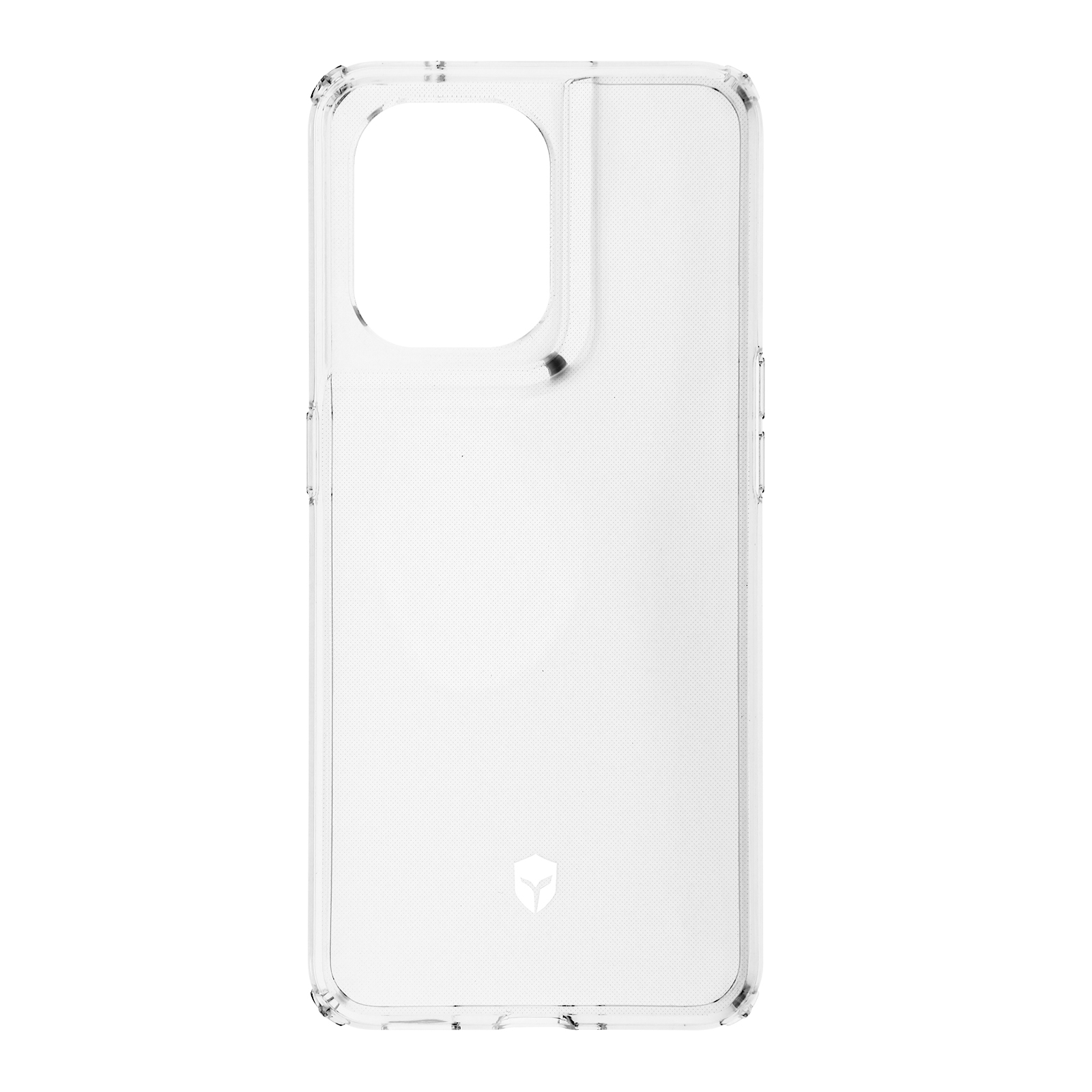 Custodia trasparente per telefono. Il retro ha un ritaglio per la fotocamera e il logo.