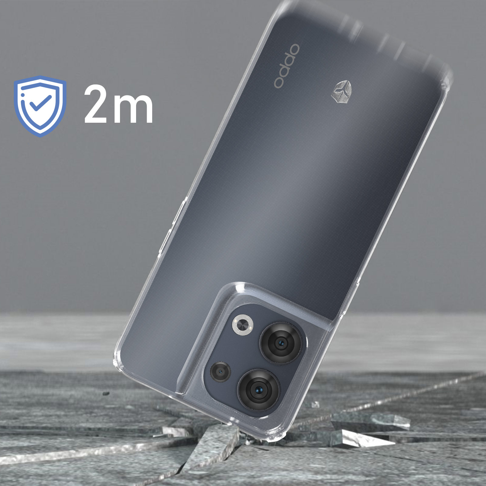 Un telefono Oppo in una custodia trasparente che cade su una superficie. Mostra la fotocamera e un simbolo di 2m.