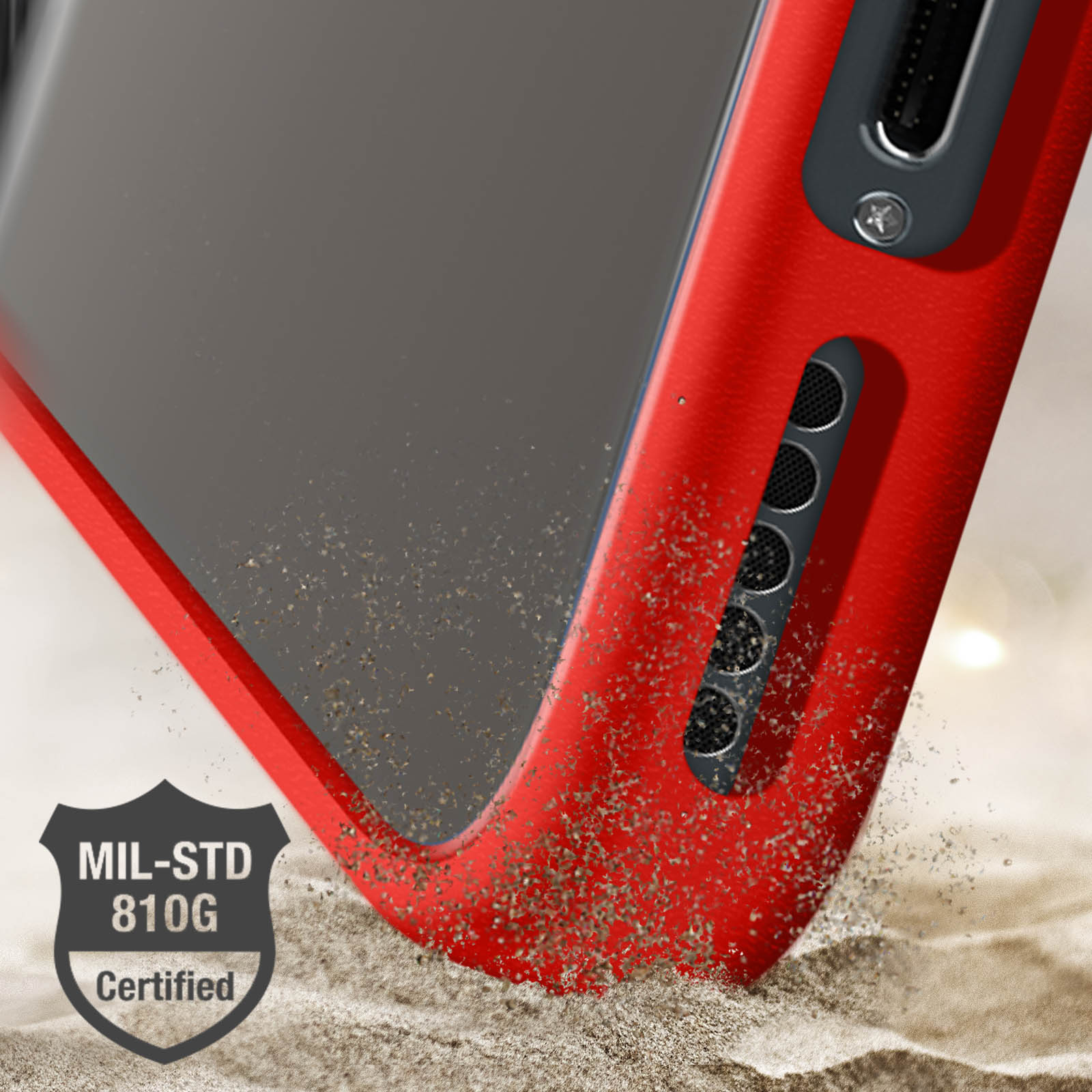 Eine rote Handyhülle halb im Sand vergraben, mit MIL-STD 810G zertifiziertem Text.
