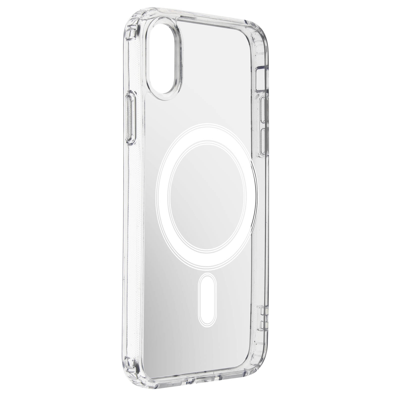 Custodia trasparente per telefono con un anello bianco. Il retro è trasparente e ha un cerchio bianco al centro.