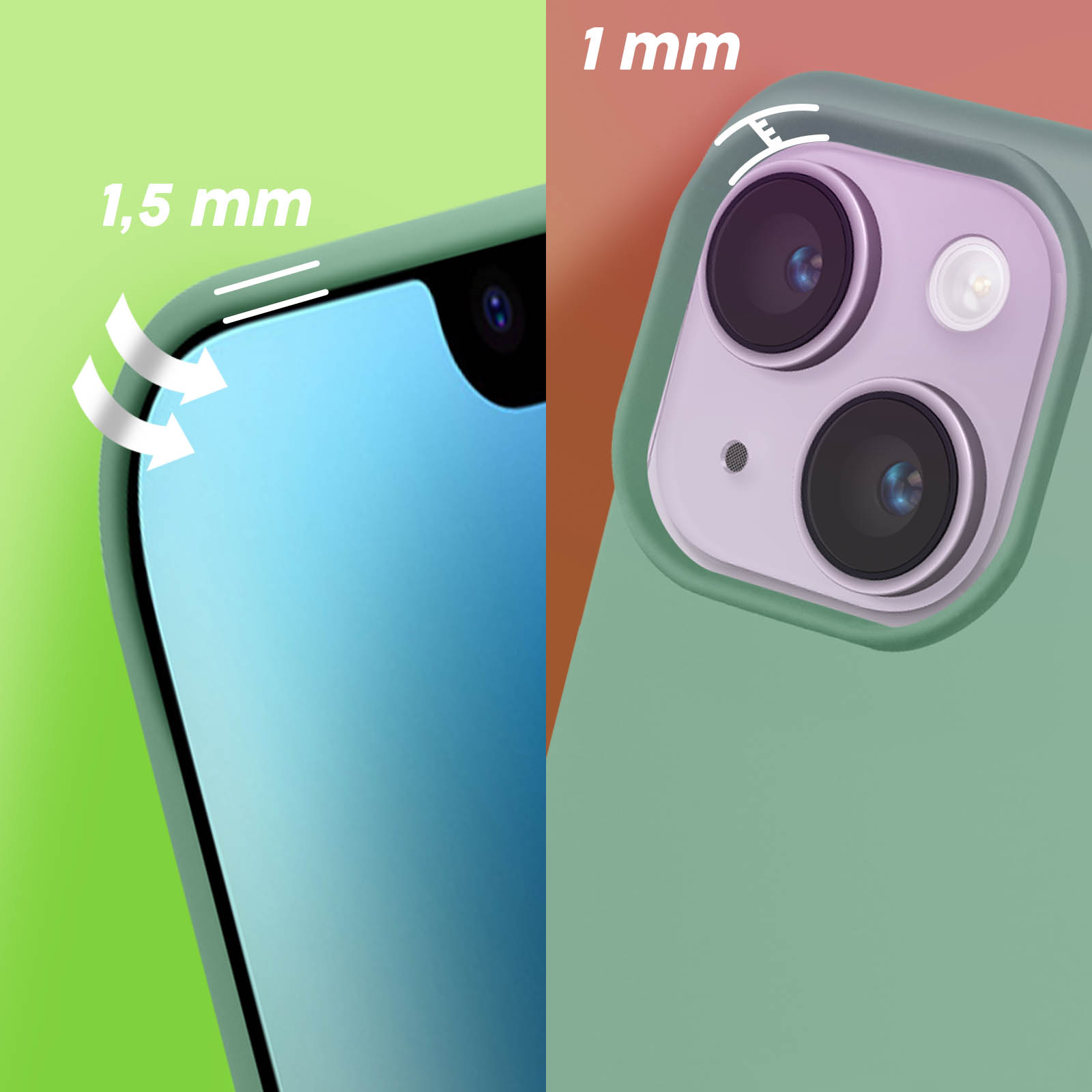 Close-up van een telefoonhoesje met cameralensdetails en meetindicatoren.