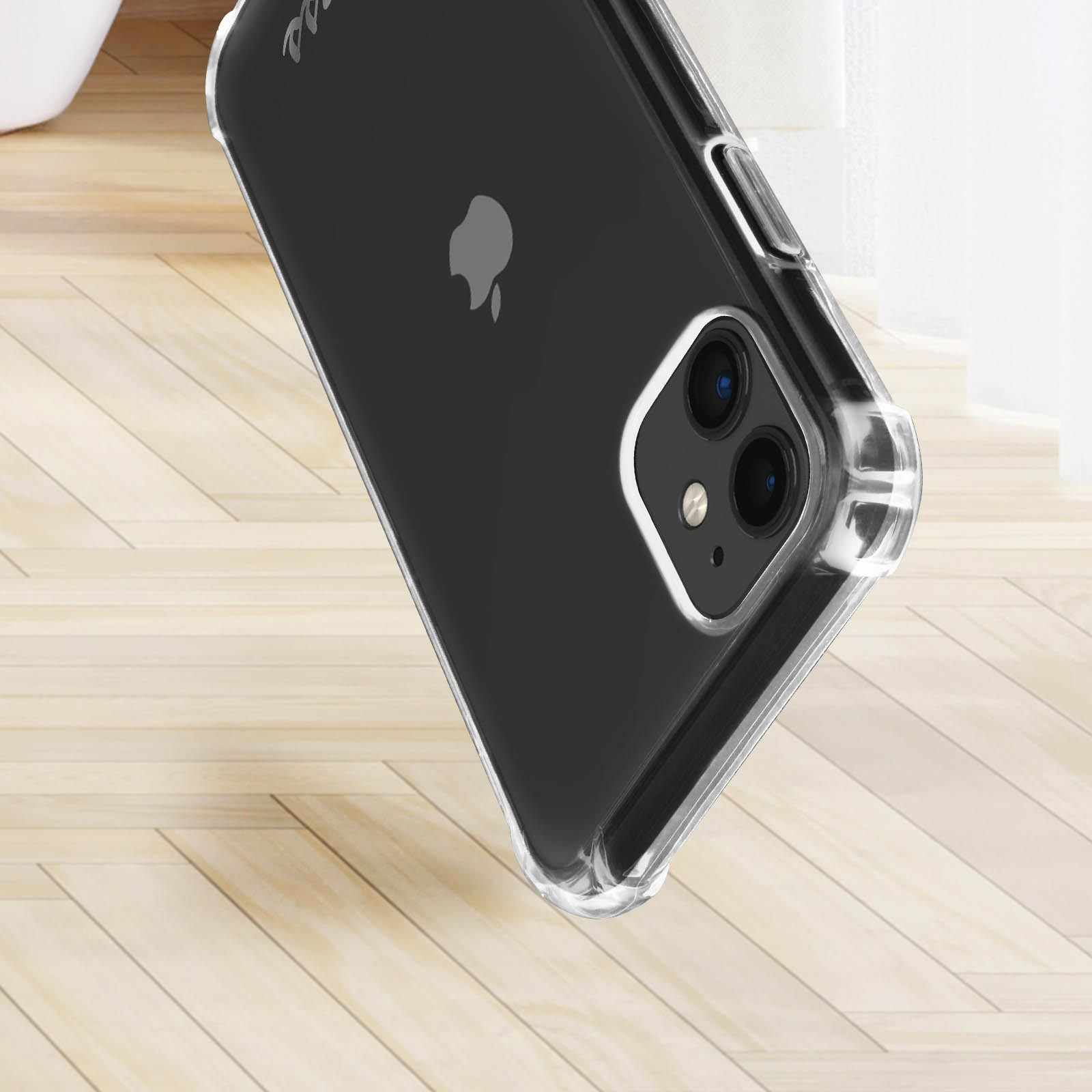 Ein schwarzes iPhone in einer durchsichtigen Hülle, das Apple-Logo zeigend, auf einer Holzoberfläche, leicht angewinkelt.