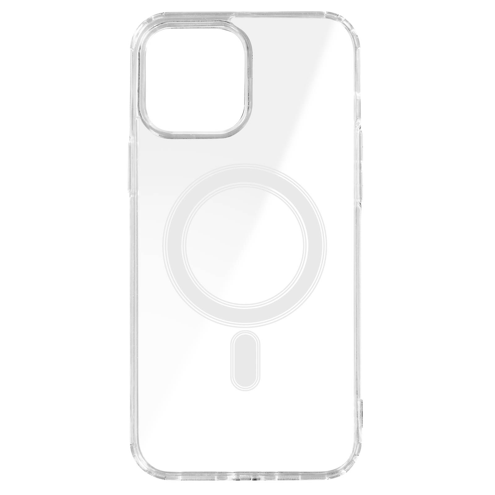 Coque de téléphone transparente avec découpes pour caméra et port de charge, sur fond blanc.