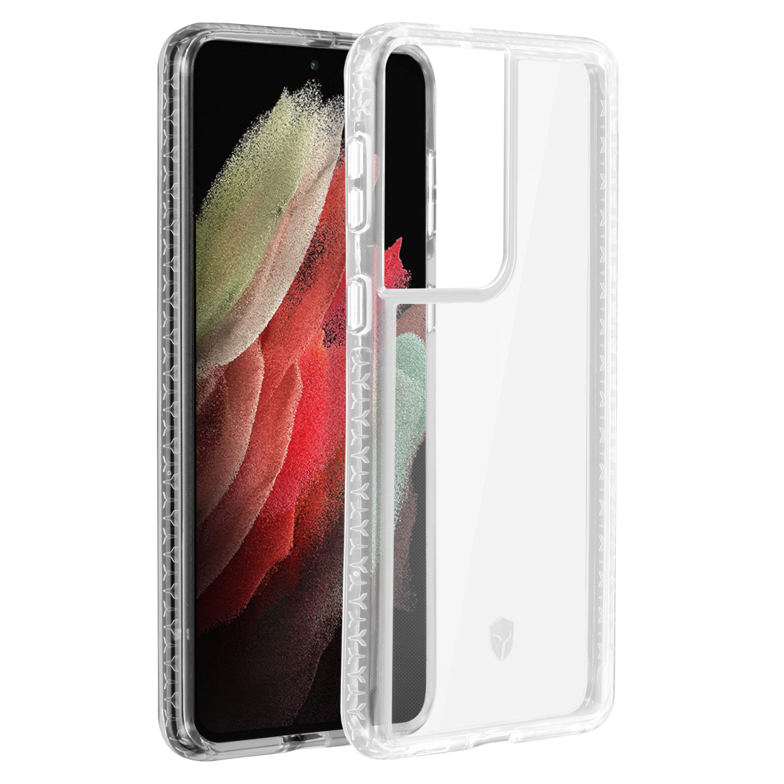 Klare Handyhülle mit schwarzem Telefon. Die Hülle ist offen und zeigt die Rückseite.