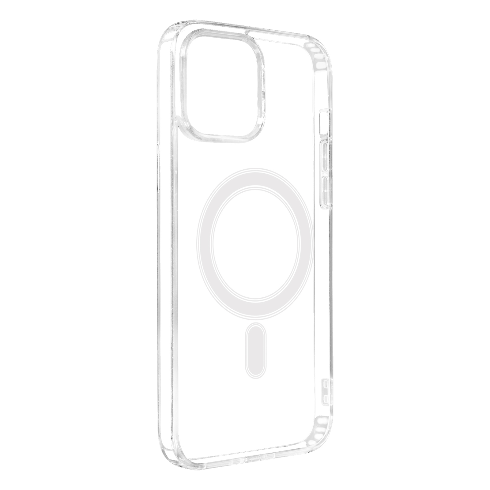 Een doorzichtige telefoonhoes met een MagSafe-ring, geïsoleerd op een witte achtergrond, met het ontwerp.