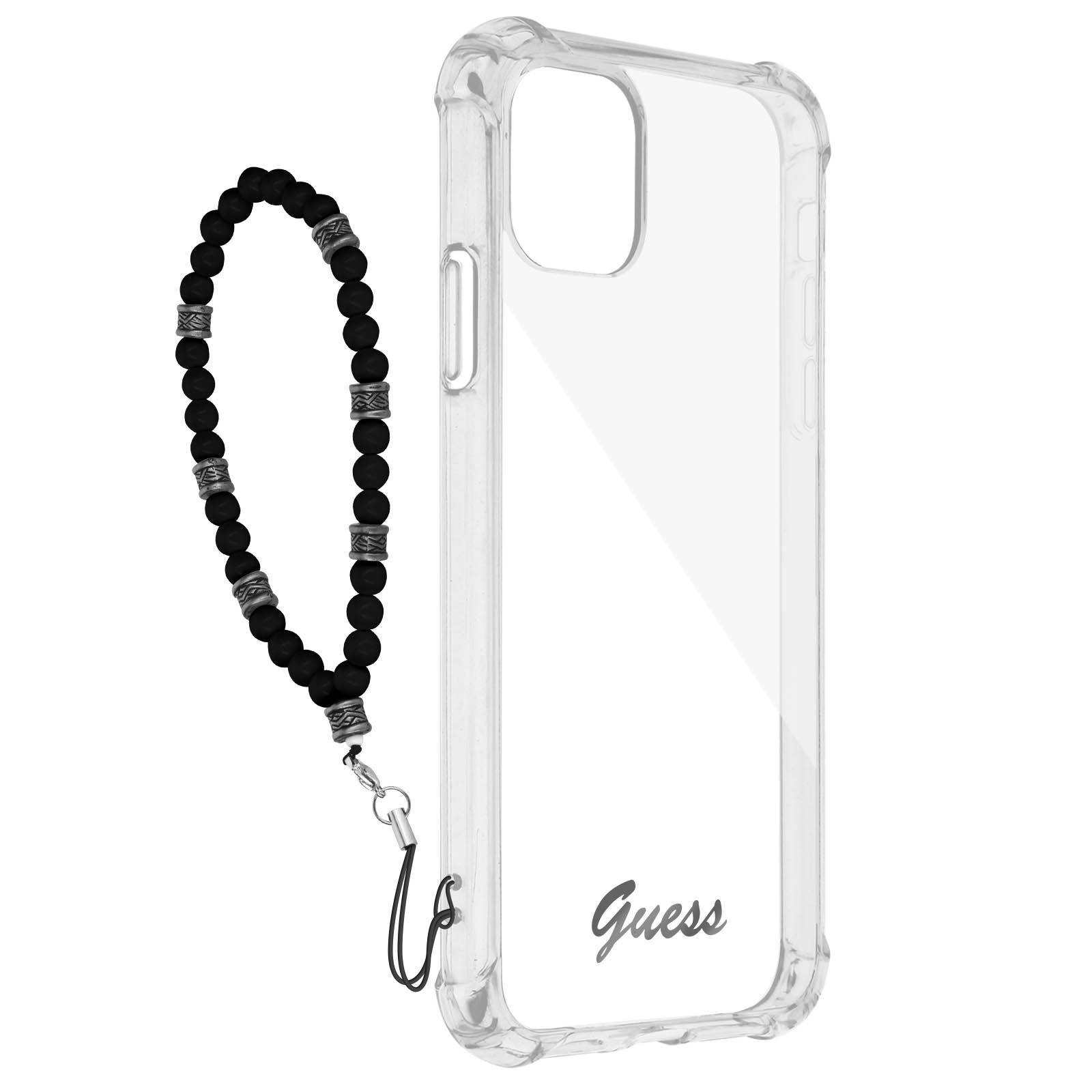 Una custodia per telefono con un braccialetto di perline nere e un logo Guess. Custodia trasparente nell'immagine.
