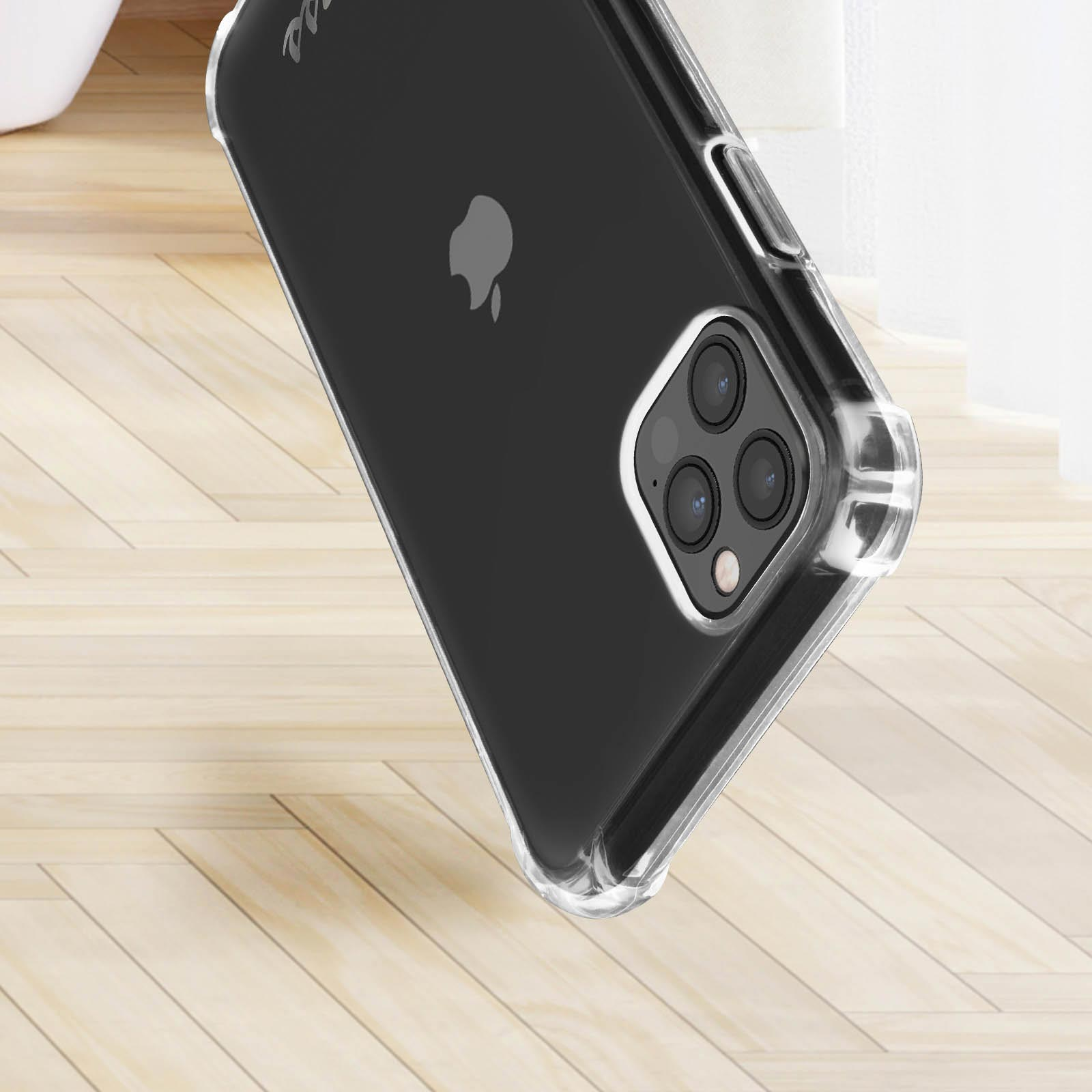 Un telefono con una custodia trasparente, che mostra il logo Apple. Il telefono è su una superficie di legno.