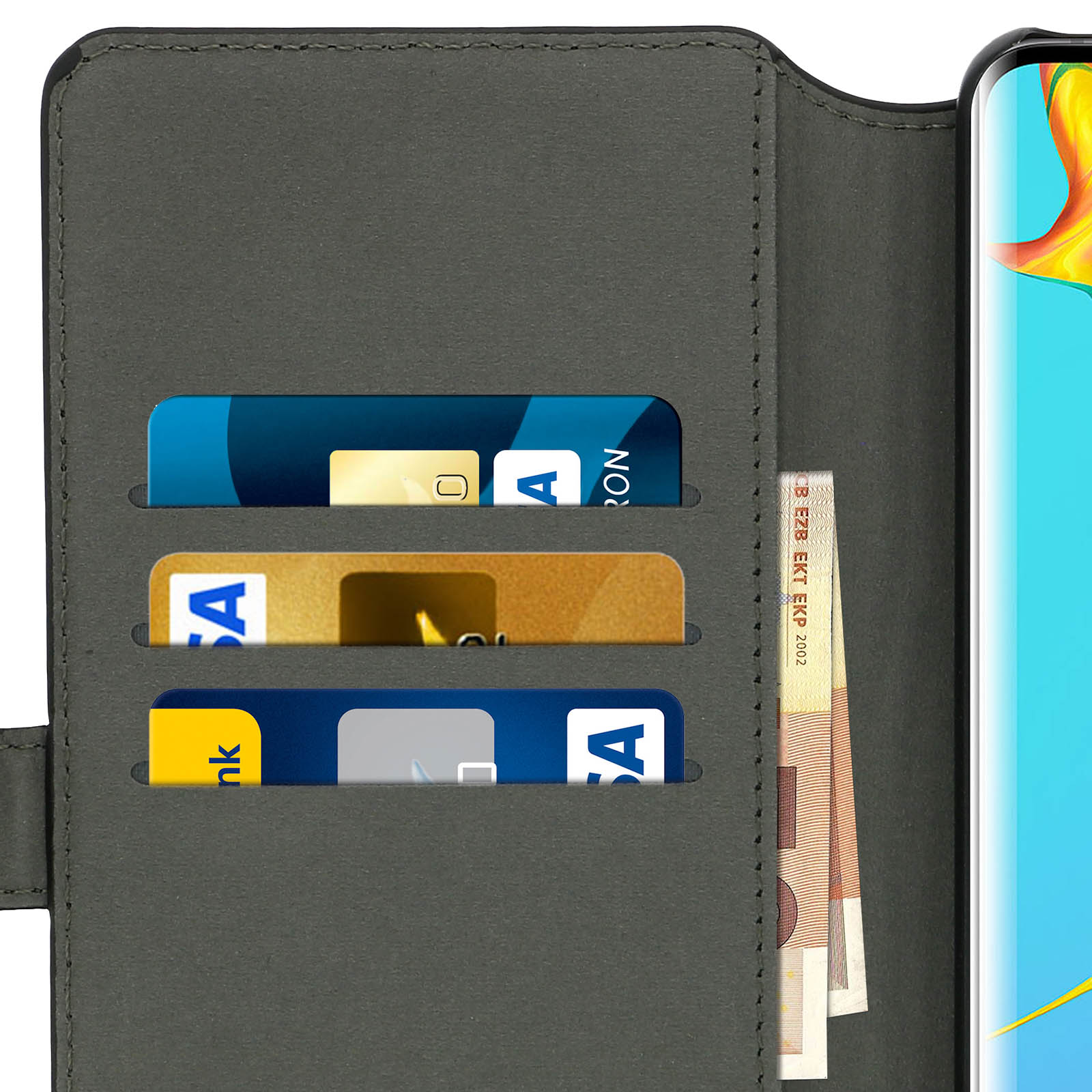 Una custodia per telefono con fessure per carte di credito, carte bancarie e banconote sono visibili.