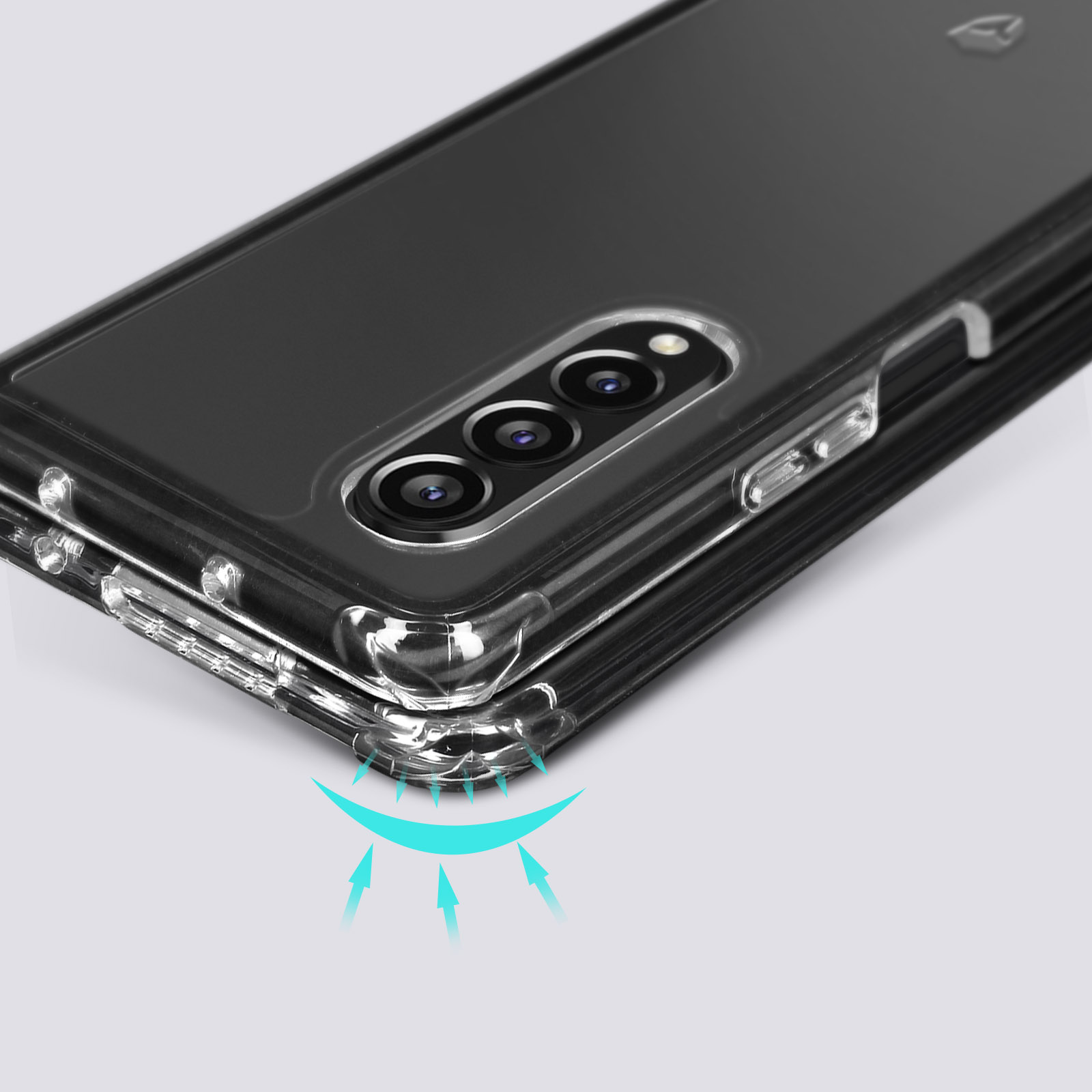 Custodia trasparente con telefono nero, primo piano, frecce indicano design protettivo.
