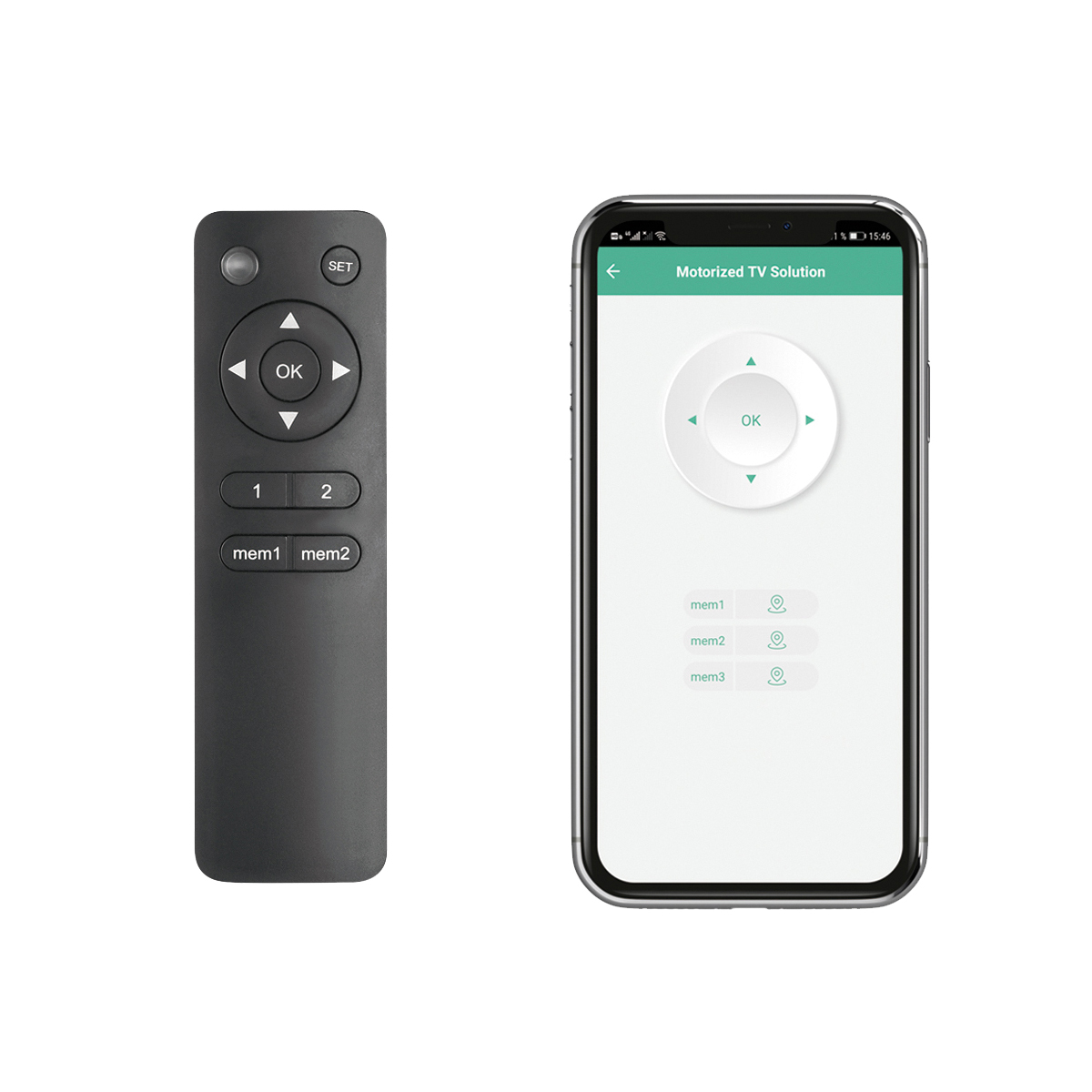 Fernbedienung neben einem Smartphone, das eine App für motorisierte TV-Lösung zeigt.