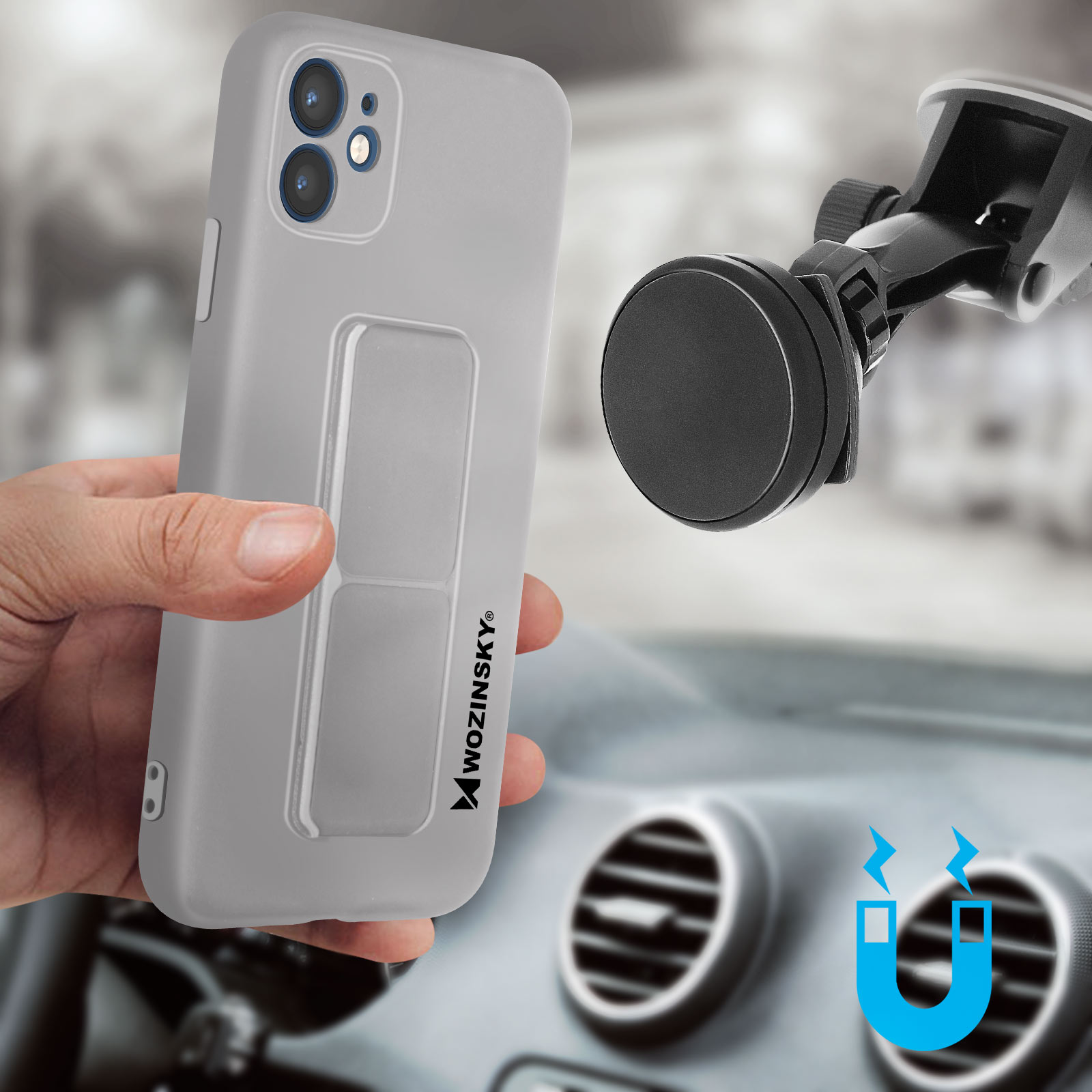 Una persona che tiene una custodia grigia per telefono. Un cruscotto per auto con un supporto per telefono.