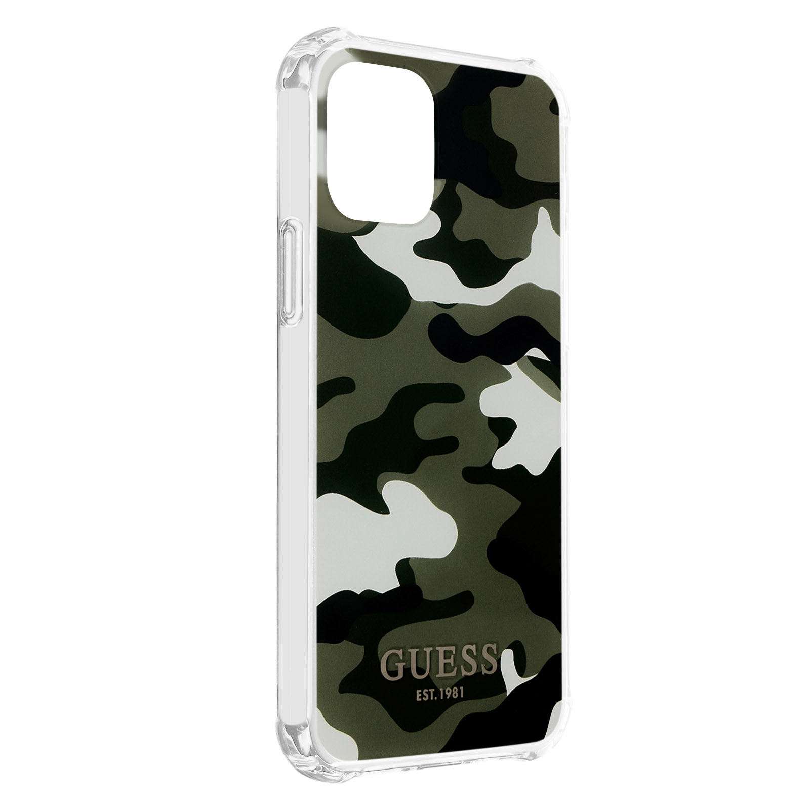 Transparente Handyhülle mit Camouflage-Design, GUESS-Logo unten.