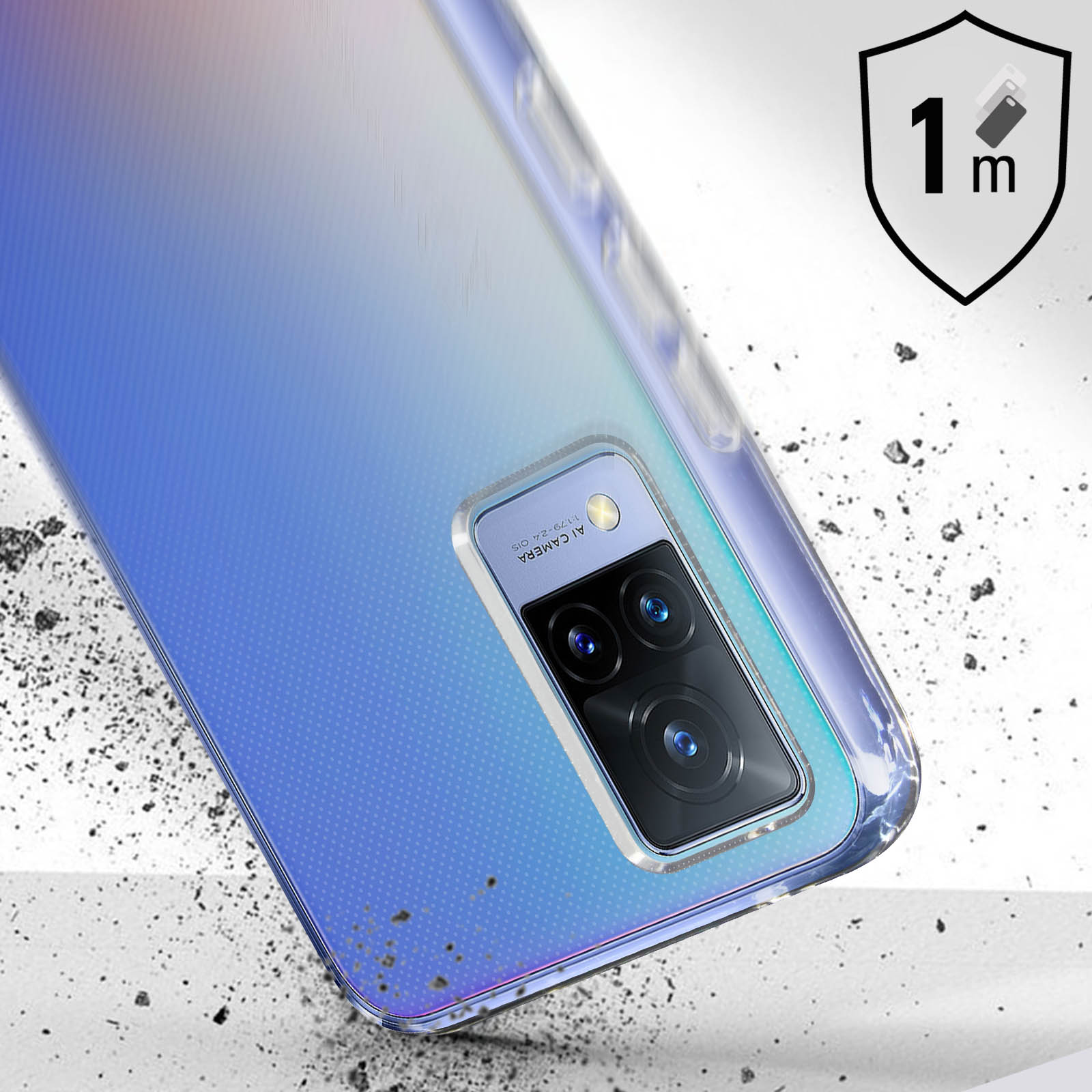 Una custodia per telefono con ritaglio per la fotocamera e un colore trasparente, leggermente blu. Icona 1m.