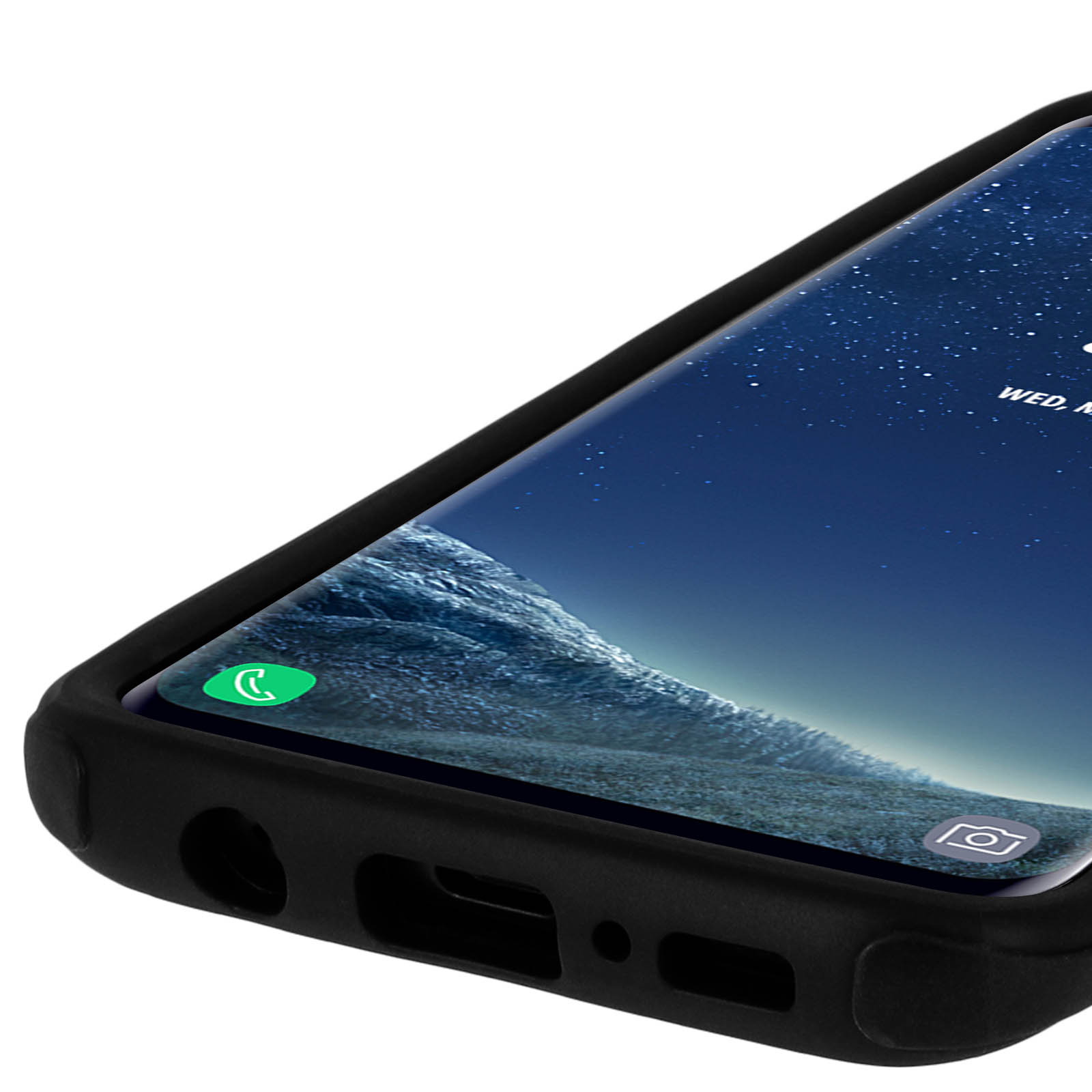 Primo piano di un telefono in una custodia nera. Lo schermo mostra uno sfondo con icone.