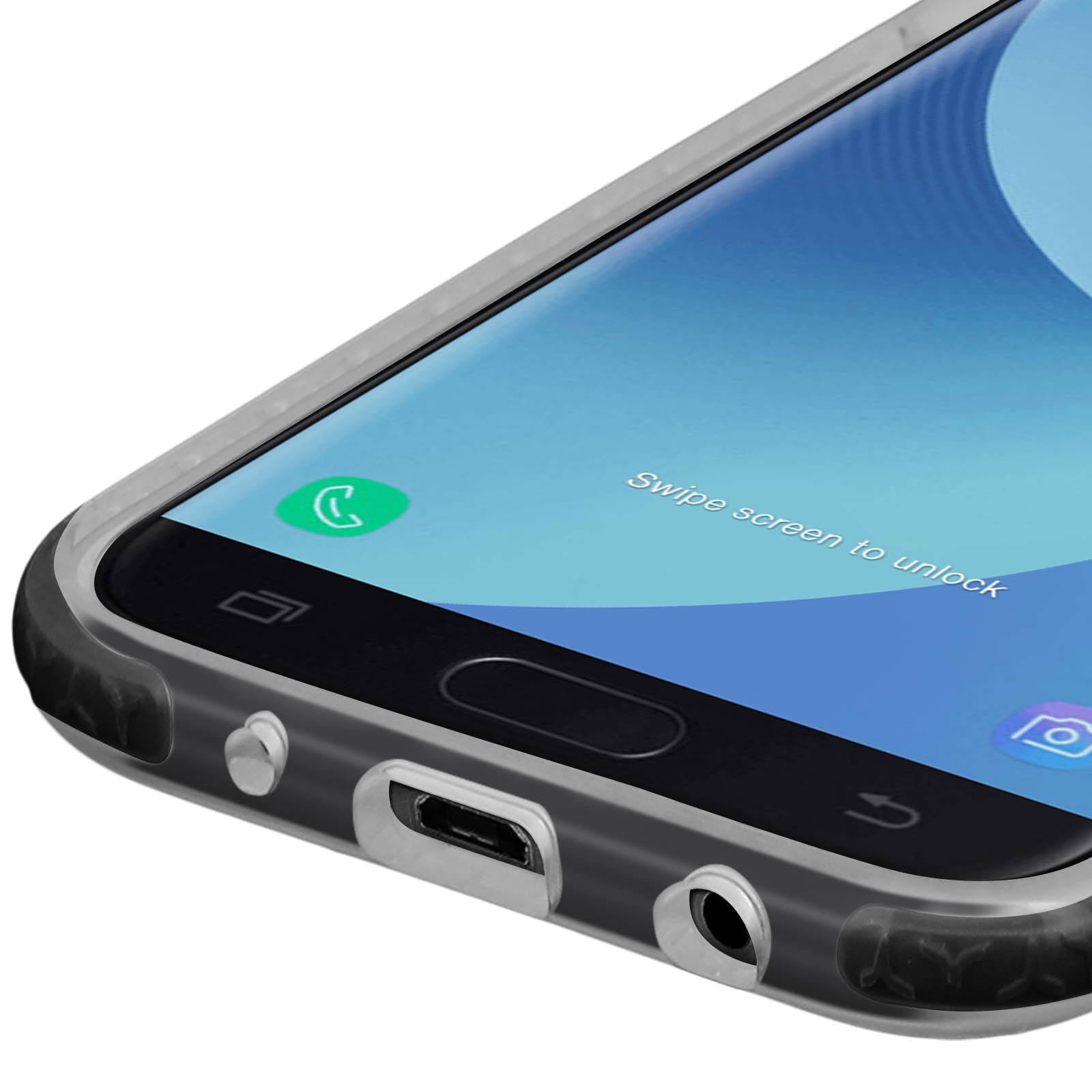 Primo piano di uno smartphone, che mostra la parte inferiore con porta di ricarica e jack audio.
