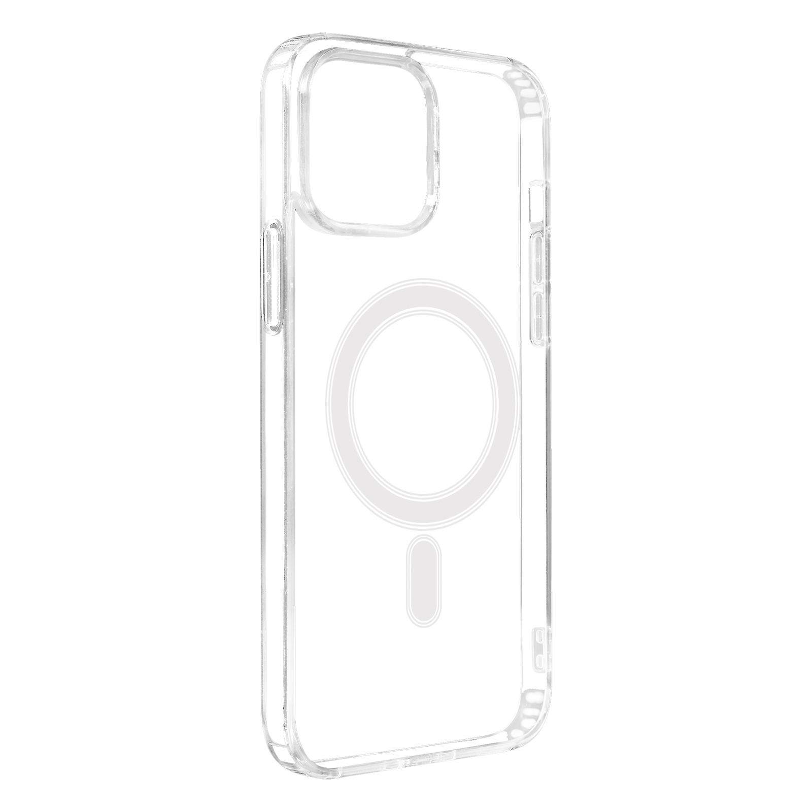 Custodia trasparente per iPhone con area di attacco magnetica circolare. Il retro della custodia è visibile.