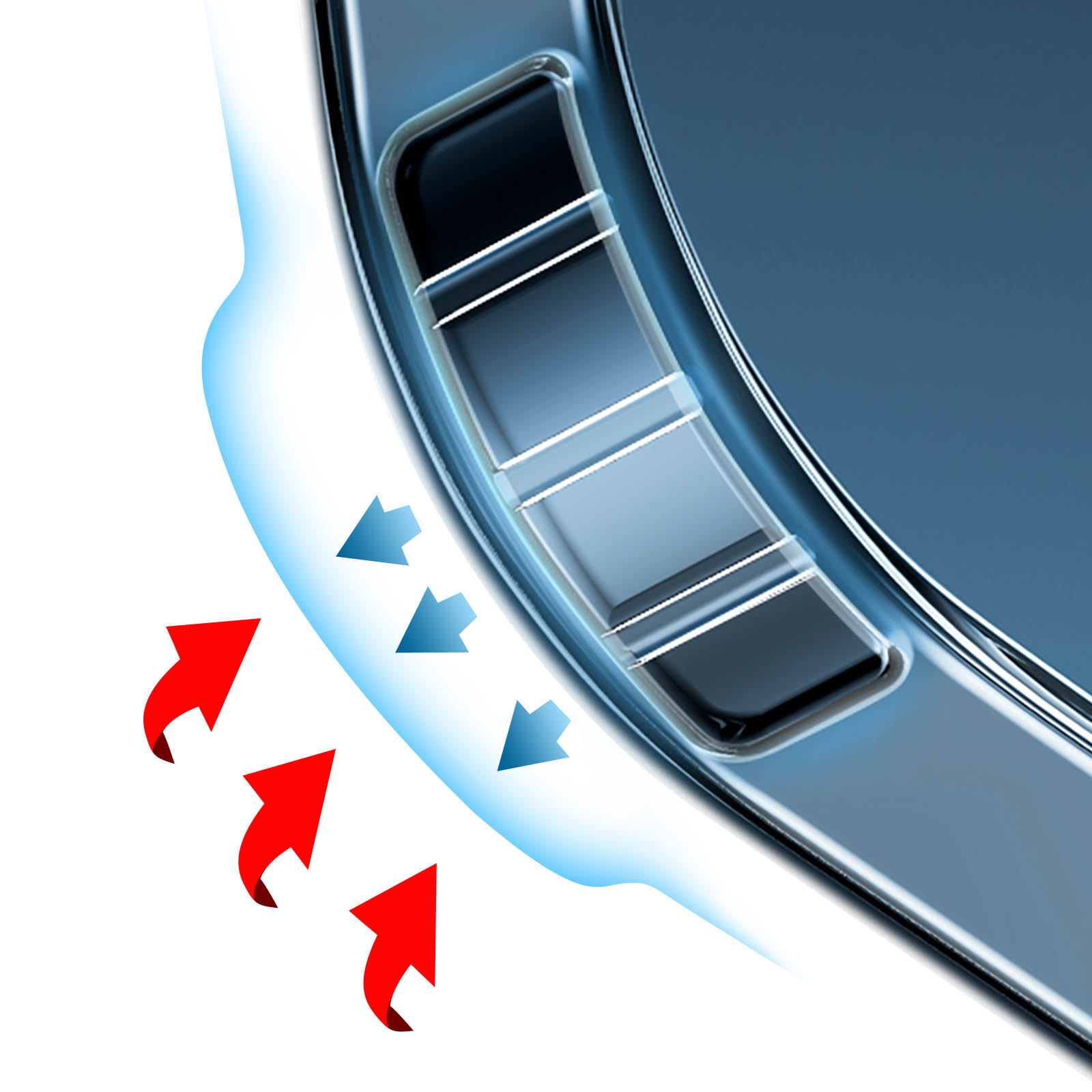 Custodia per telefono con design a prese d'aria. Frecce rosse indicano la direzione del flusso d'aria. Frecce blu indicano il raffreddamento.