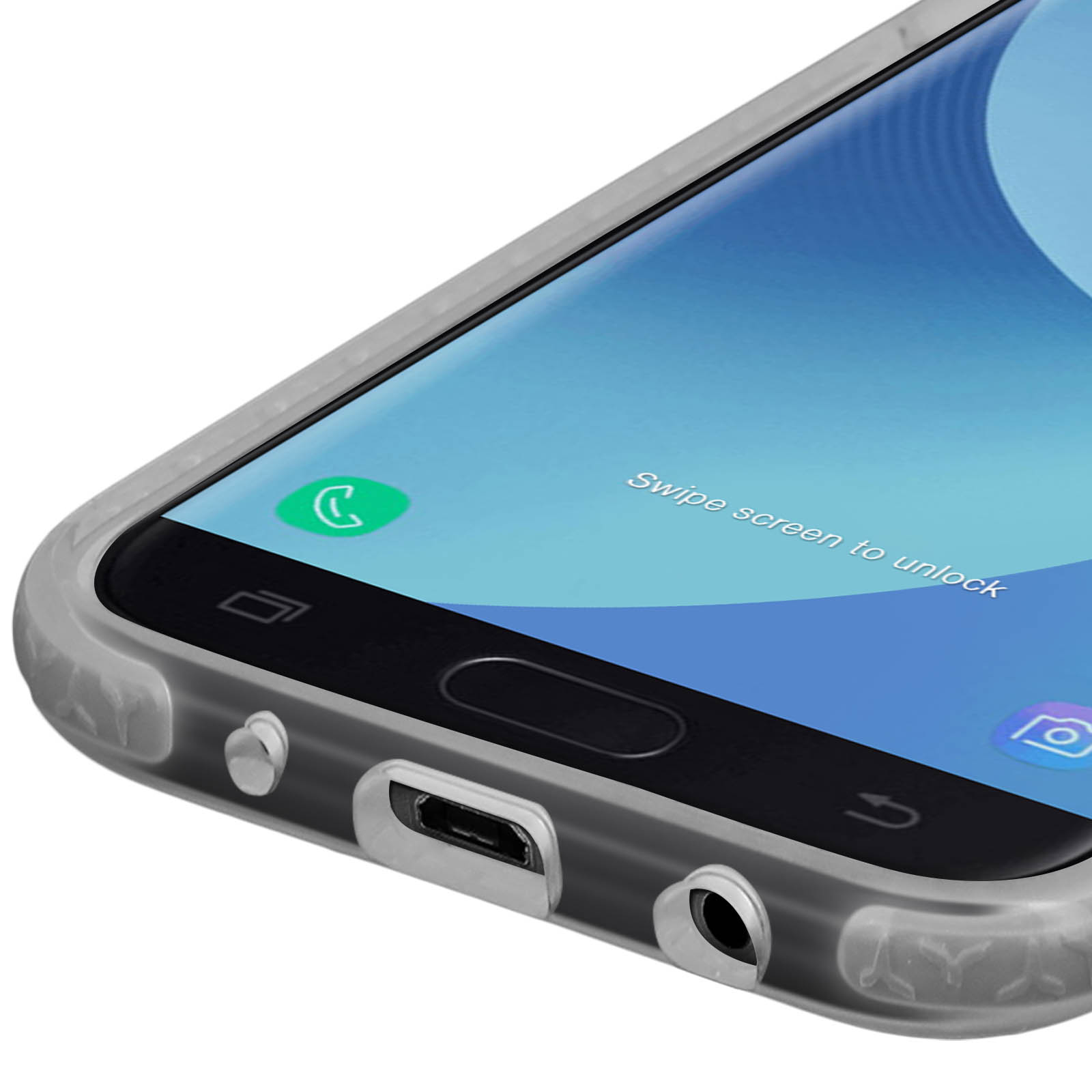 Primo piano del telefono con custodia protettiva. Il telefono ha una porta di ricarica.