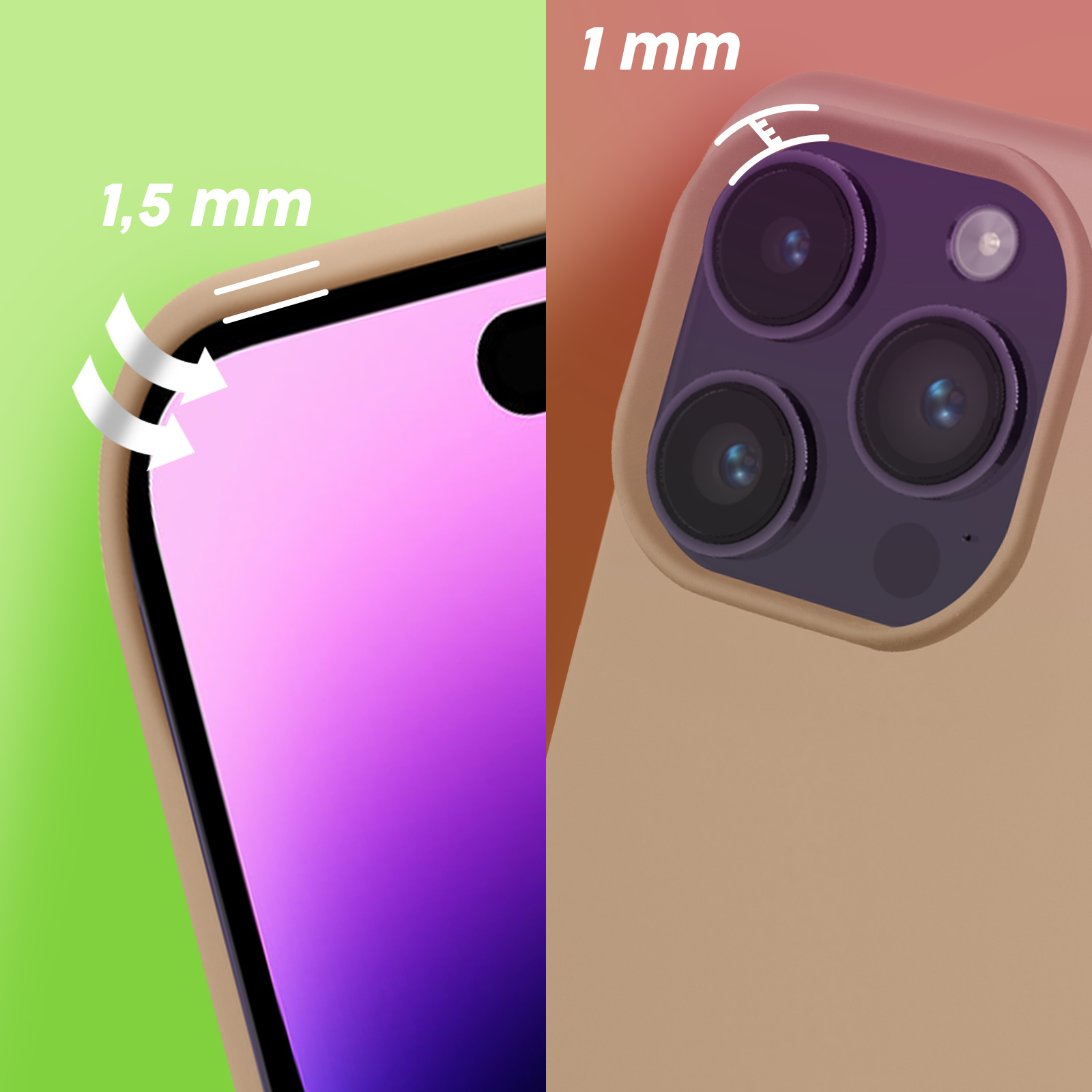 Gros plan sur l'appareil photo d'un téléphone, montrant l'étui du téléphone et ses mesures d'épaisseur en millimètres.
