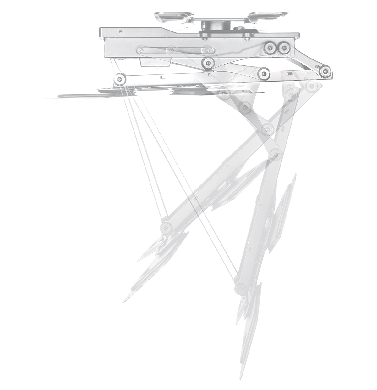 Un sollevatore per proiettore a soffitto bianco, con diversi componenti meccanici visibili.