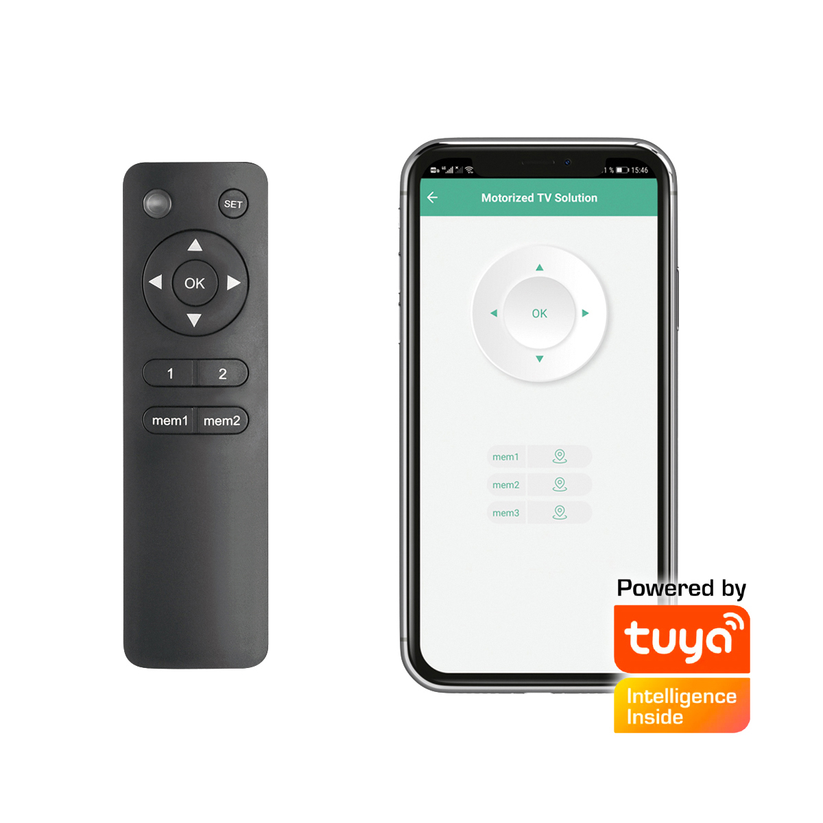Due dispositivi, un telecomando e uno smartphone, che mostrano una soluzione TV motorizzata.