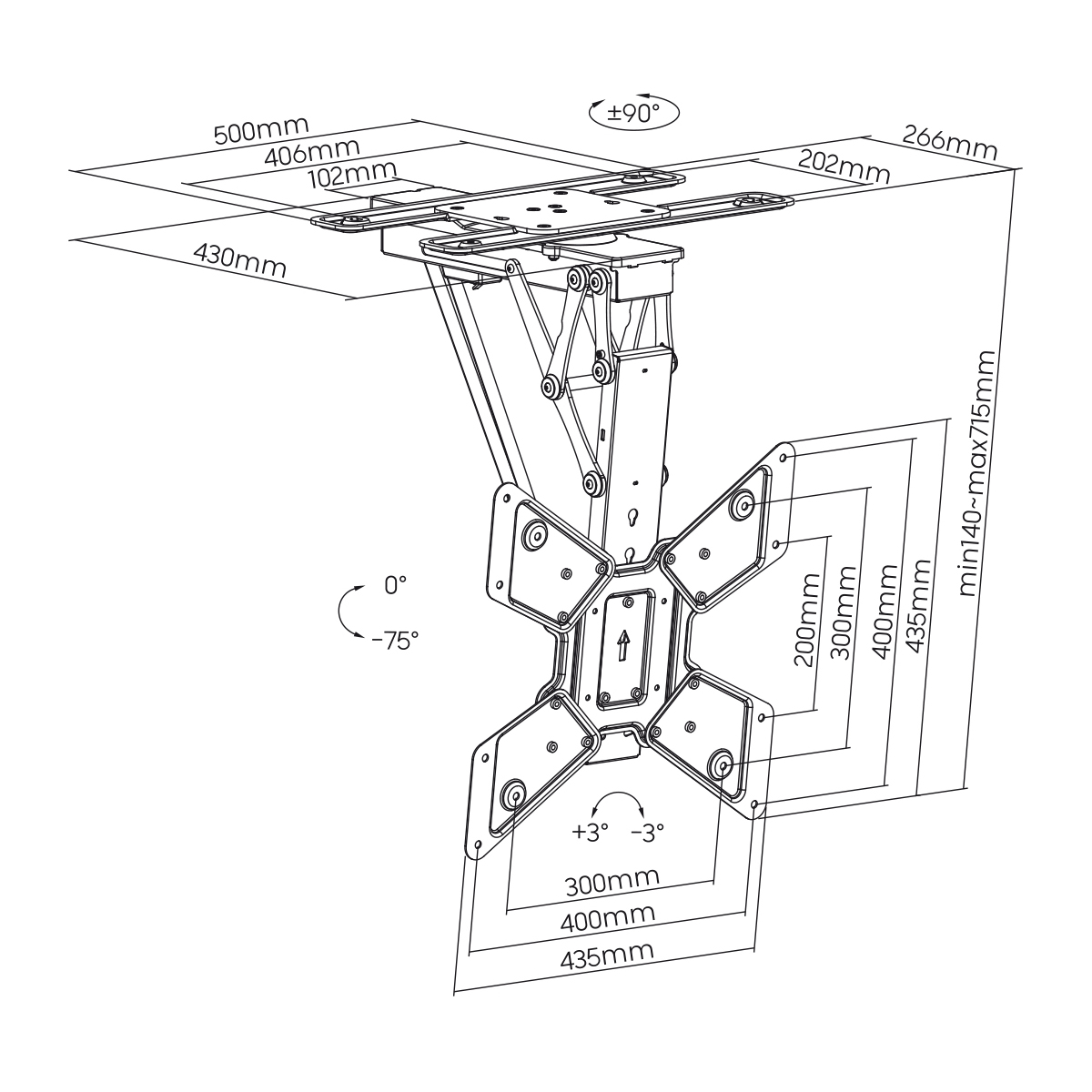 Diagramma di un supporto TV a soffitto con dimensioni e angoli in bianco su sfondo nero.