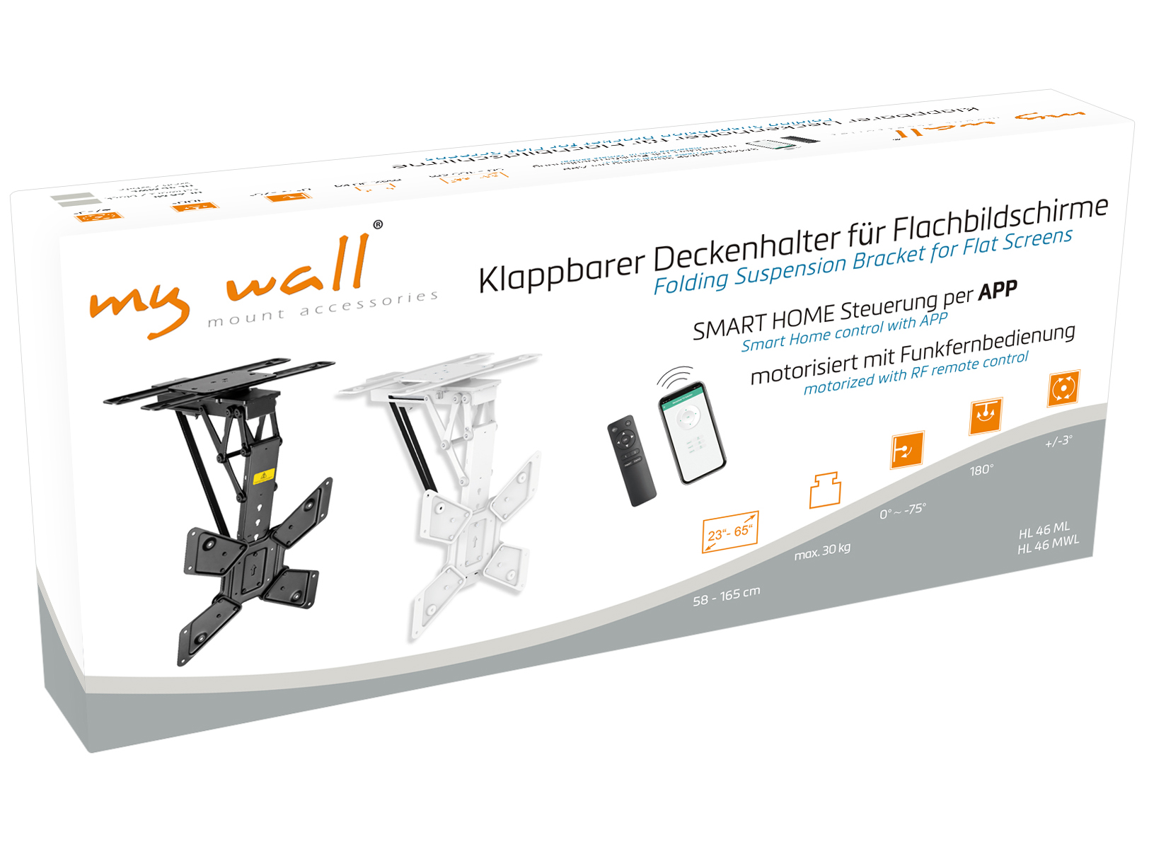 Scatola con supporto a soffitto per schermi piatti. Vengono mostrati un telecomando e uno smartphone.
