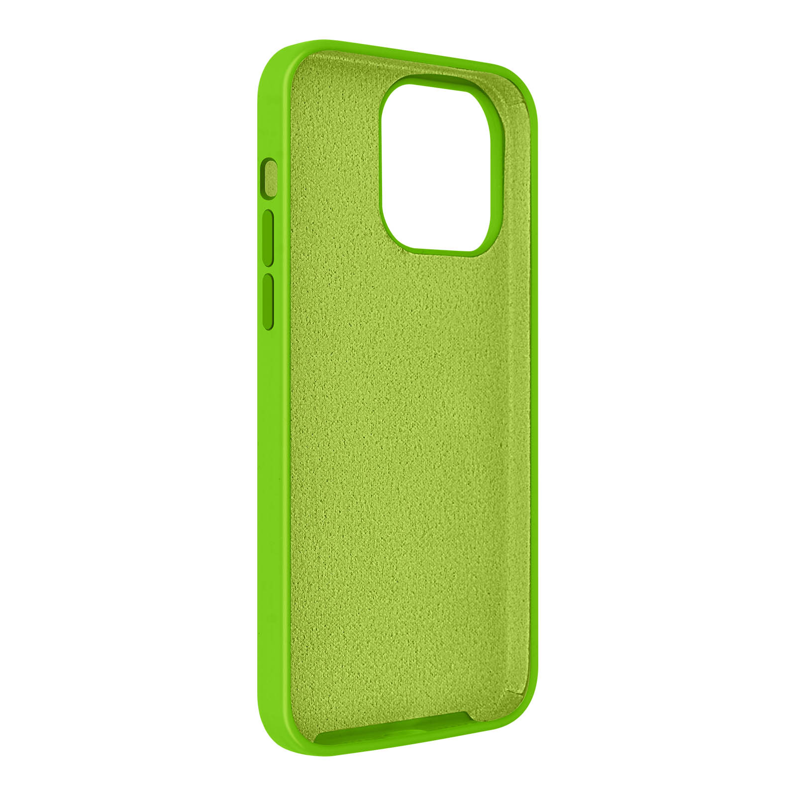Une coque de téléphone vert néon. La coque a une découpe pour l'appareil photo. Fond blanc.