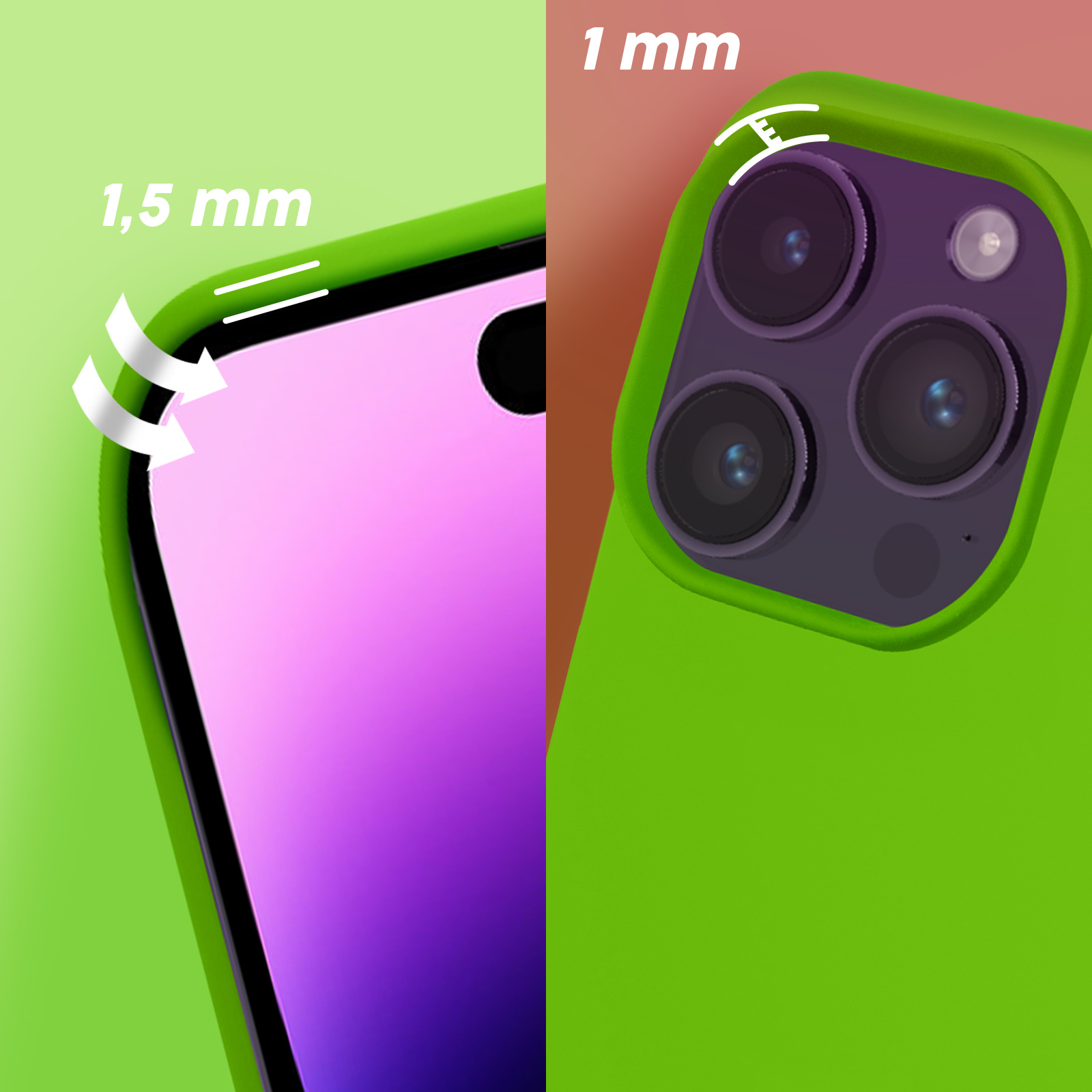Une coque de téléphone avec des bords verts et un dos violet. Des mesures de l'épaisseur de la coque sont affichées.