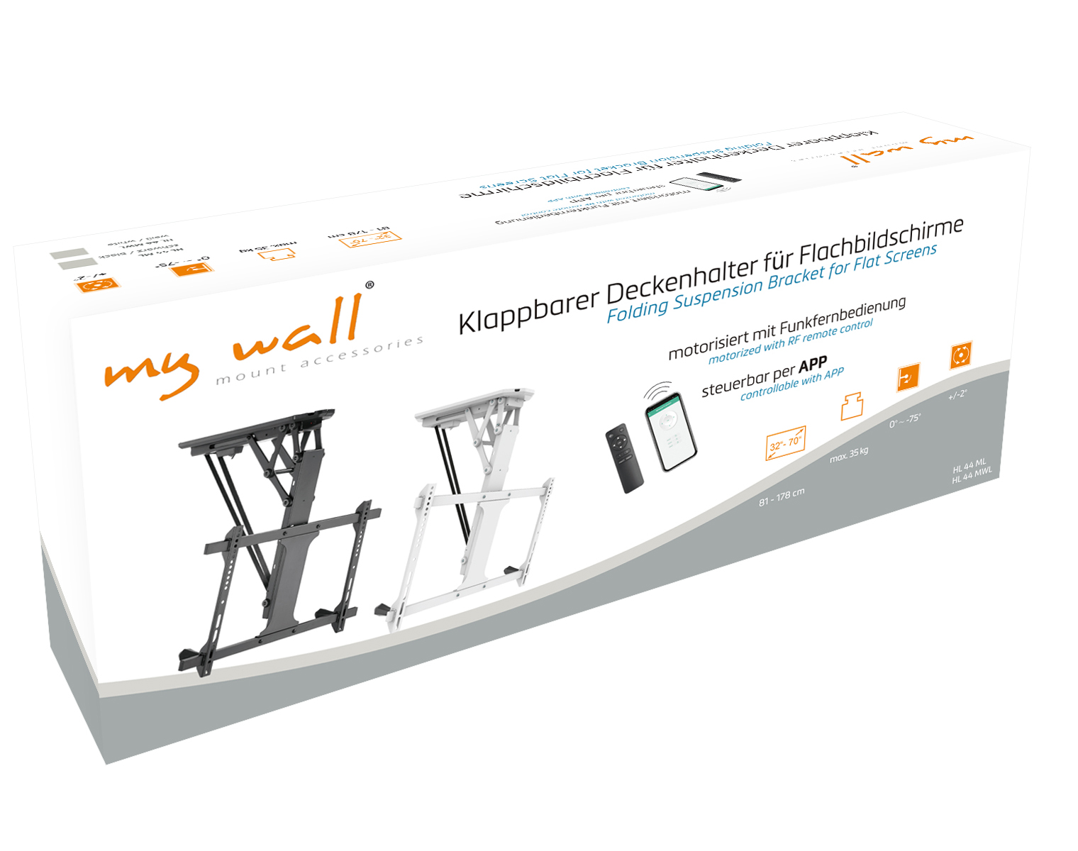Weiße Box mit Text: Klappbarer Deckenhalter für Flachbildschirme, mit Produktabbildungen.