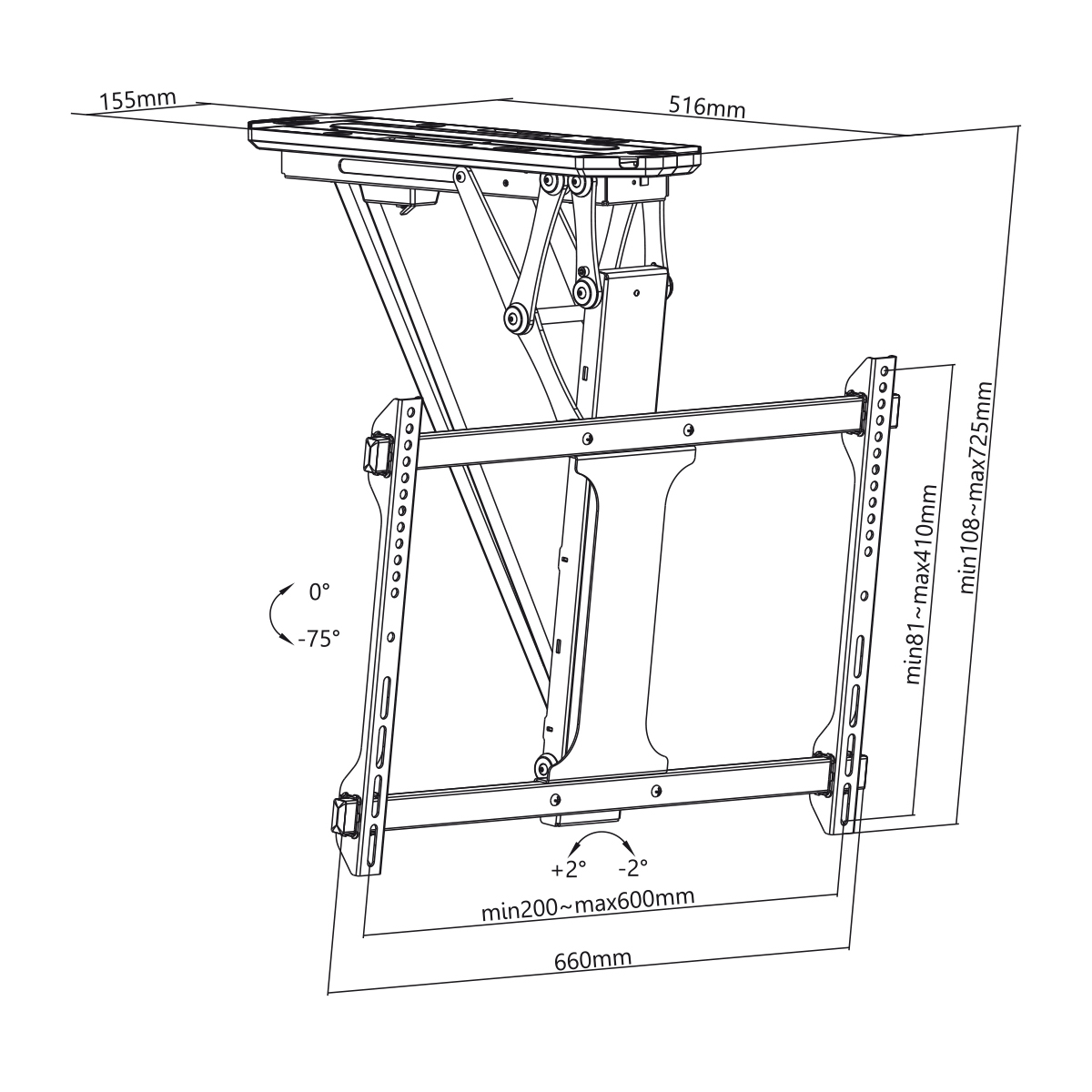 Ein Diagramm mit den Abmessungen einer Decken-TV-Halterung. Es zeigt Winkel, Längen und Messlinien.