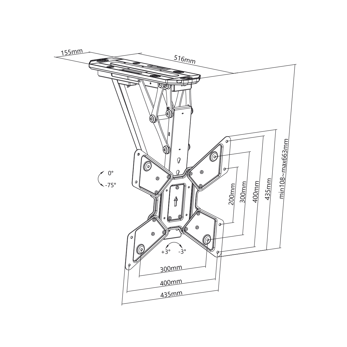 Diagramm einer Decken-TV-Halterung mit Abmessungen und Winkeln.