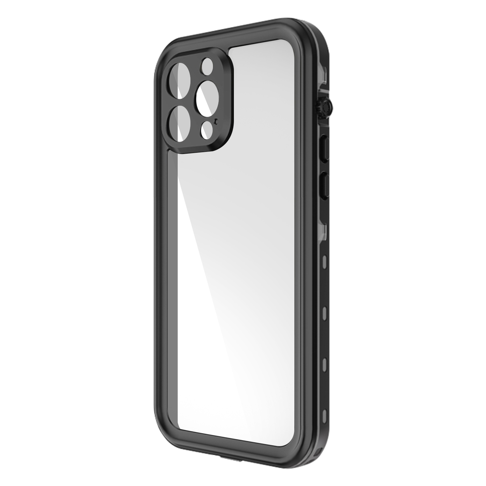 Una custodia per telefono impermeabile nera con retro trasparente. La custodia copre una fotocamera.