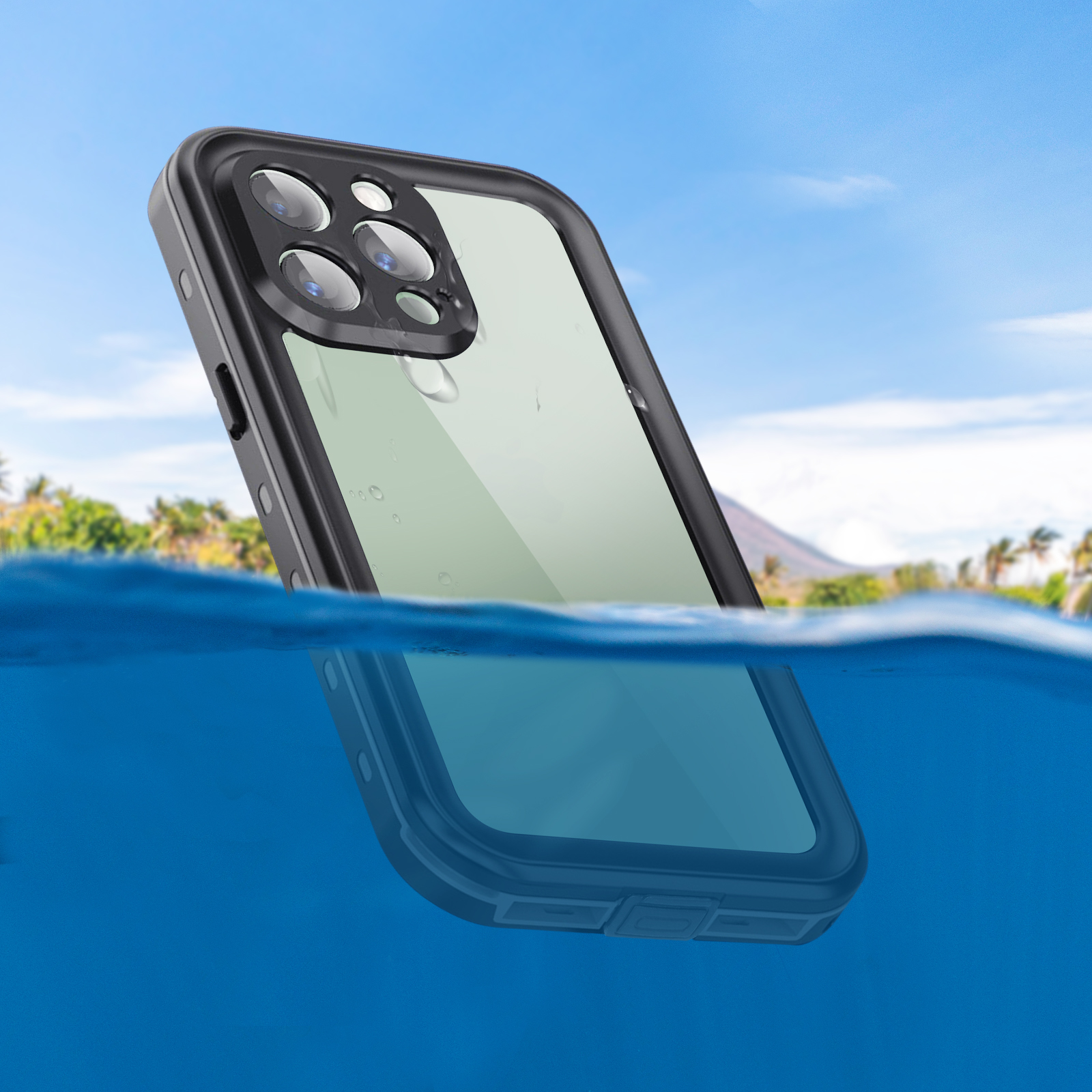 Telefono nero in acqua con custodia trasparente. Sfondo blu e cielo.