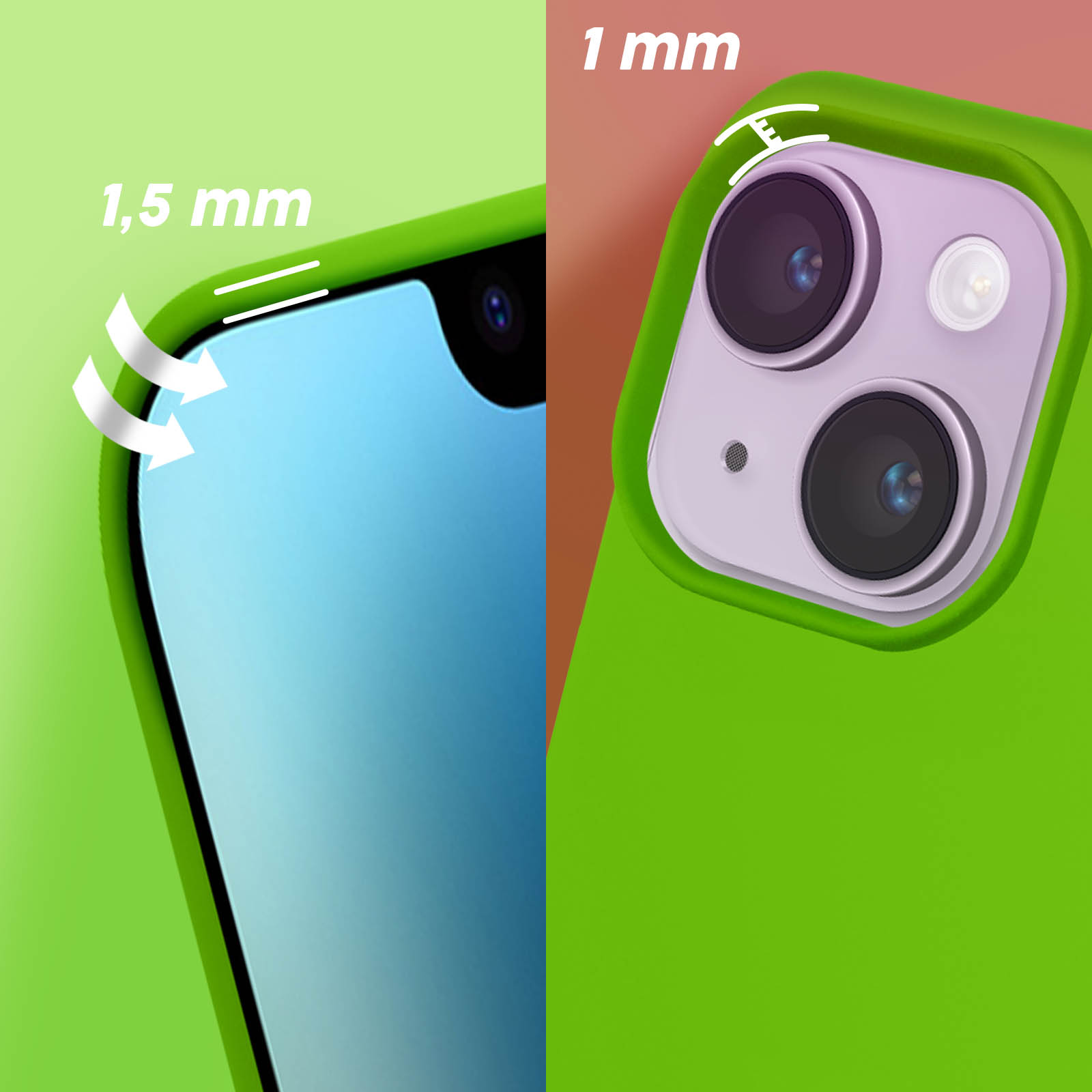 Coque de téléphone montrant les dimensions et la protection de l'appareil photo.