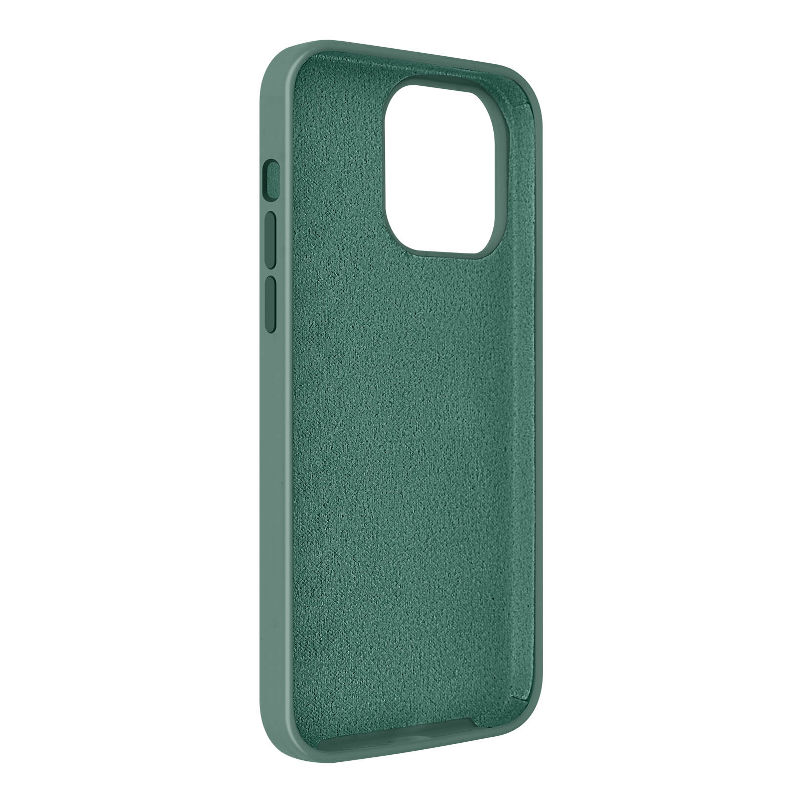 Een groene telefoonhoes, interieur zichtbaar, met uitsparingen voor camera en knoppen.