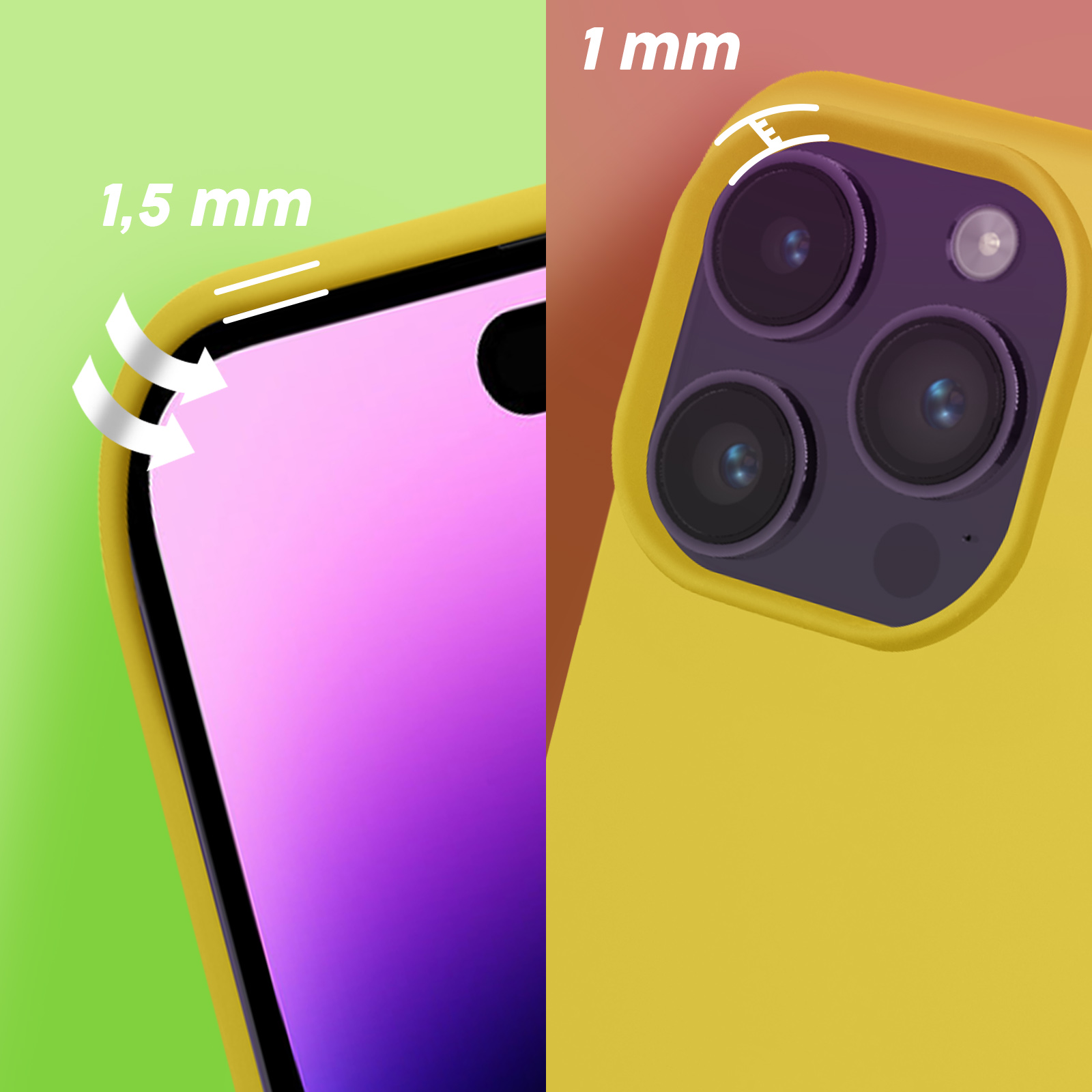 Twee telefoonhoesjes, geel, met details van de camera. Zijkant en achterkant.