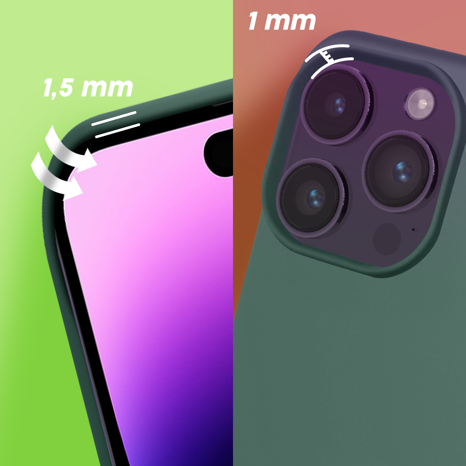 Close-up van een telefoon en hoesje, met de camera en schermranden.