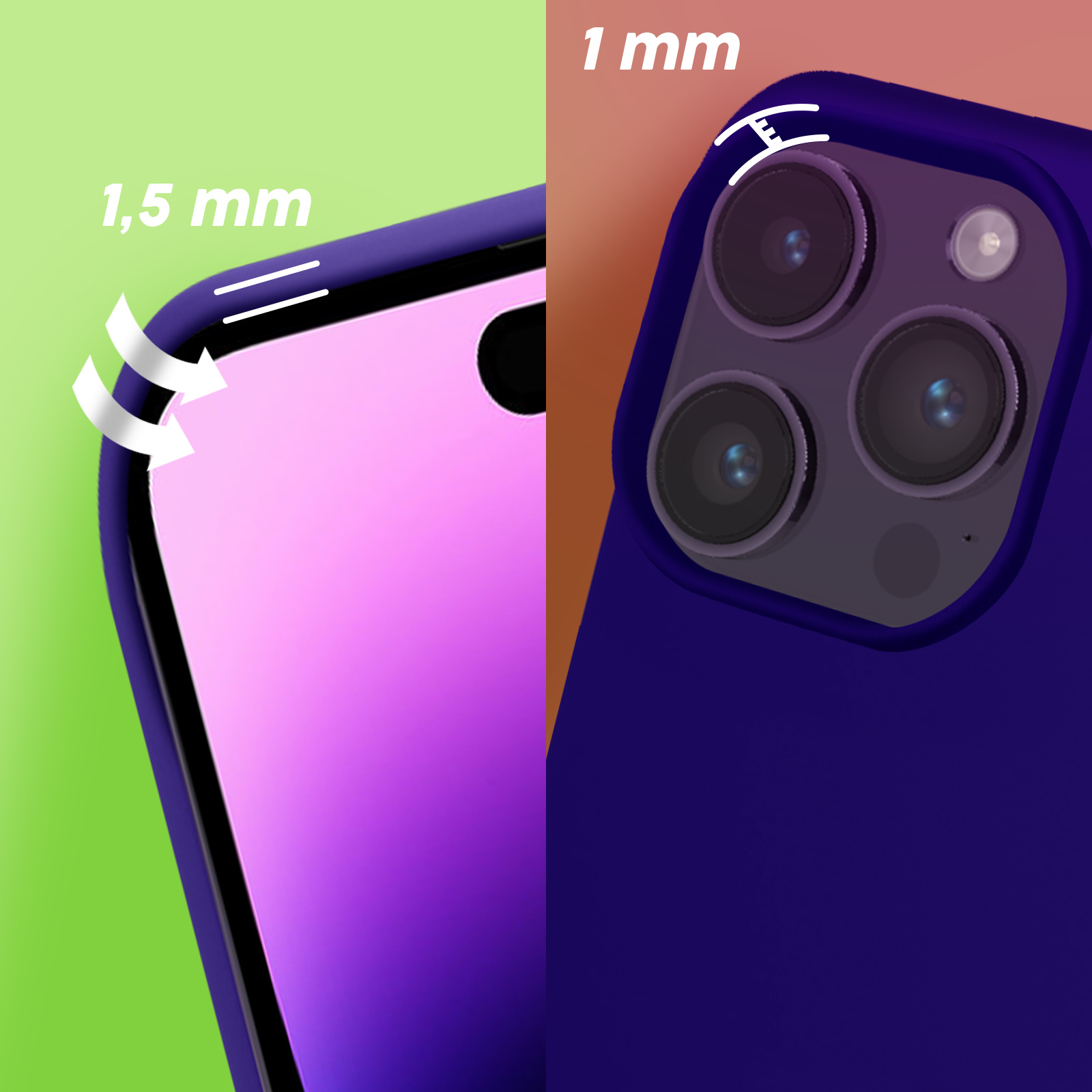 Gros plan de deux coques de téléphone. Une verte, l'autre violette. Flèches montrent l'épaisseur.