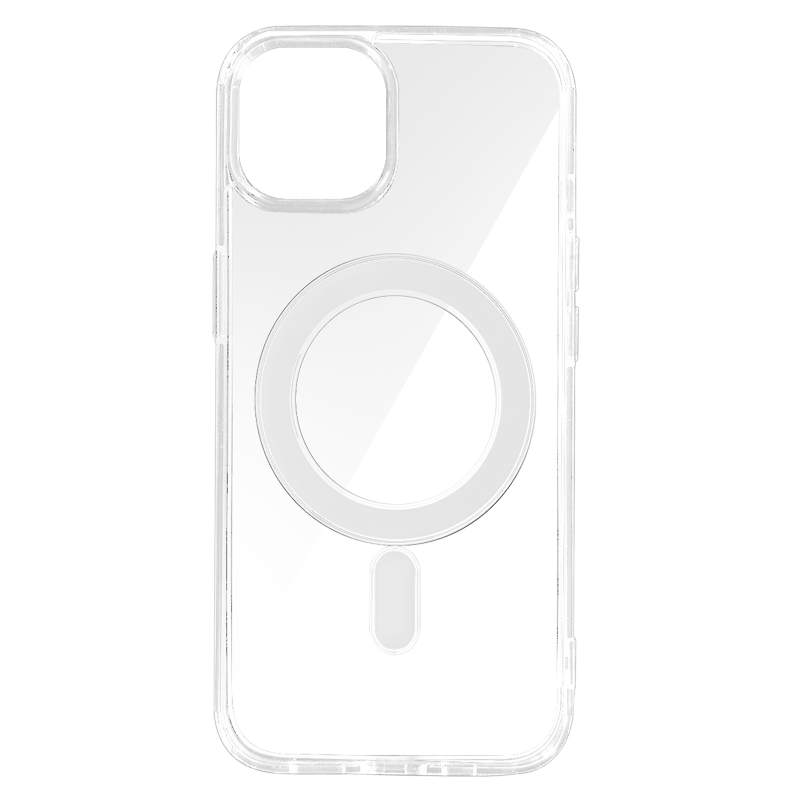 Custodia protettiva trasparente per telefono con fotocamera e anello MagSafe.