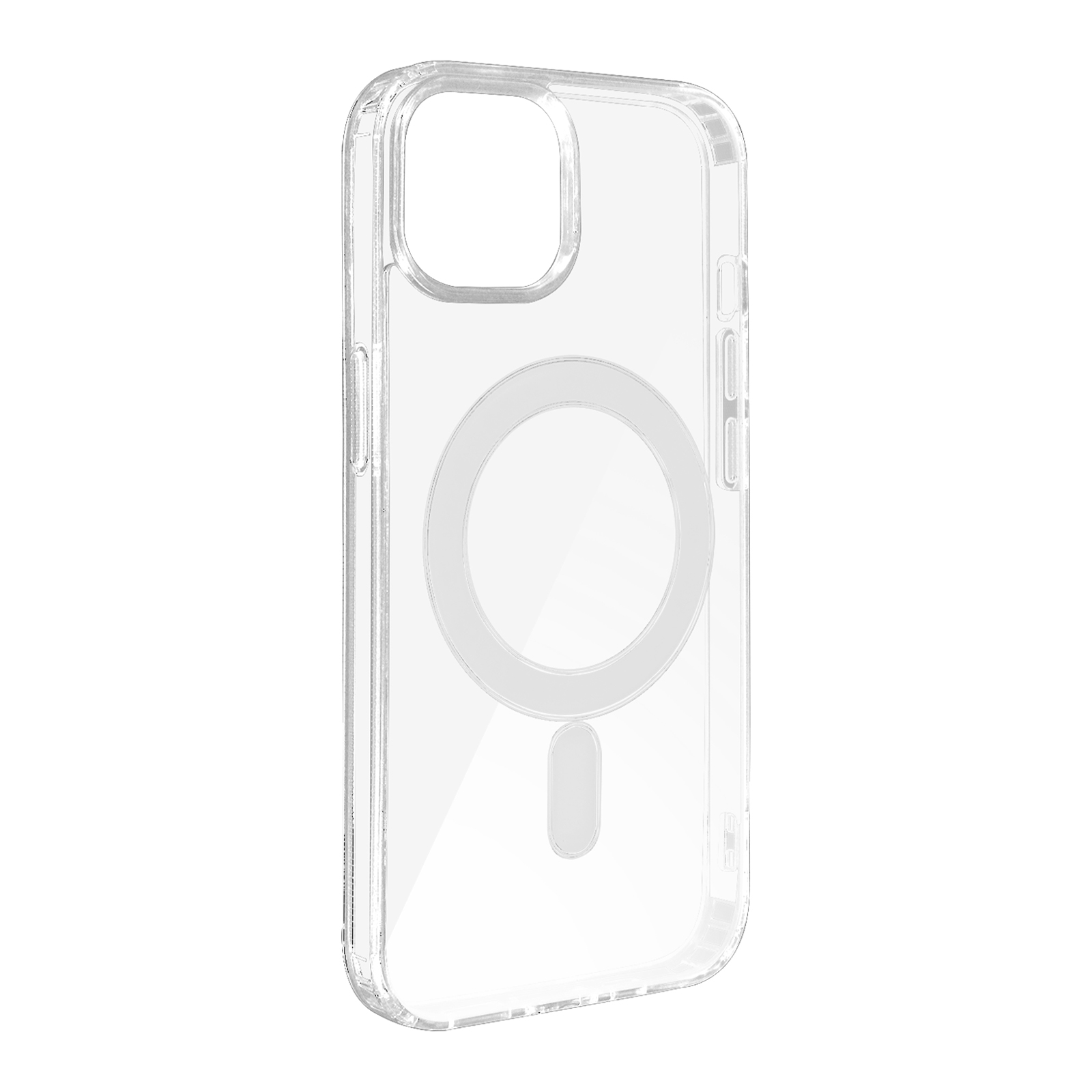 Custodia trasparente per telefono. Ha un'area aperta per la fotocamera e un cerchio per MagSafe.