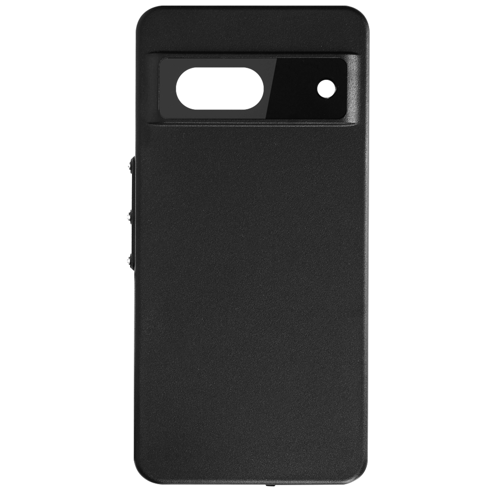 Custodia per telefono nera. Ha un ritaglio per la fotocamera e i pulsanti. Lo sfondo è bianco, la custodia è liscia.