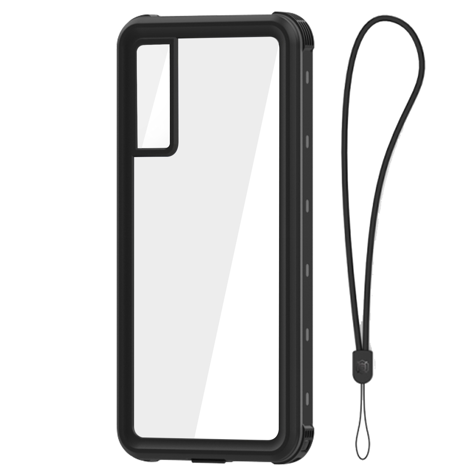 Eine schwarze Handyhülle mit durchsichtigem Rücken und Handschlaufe.